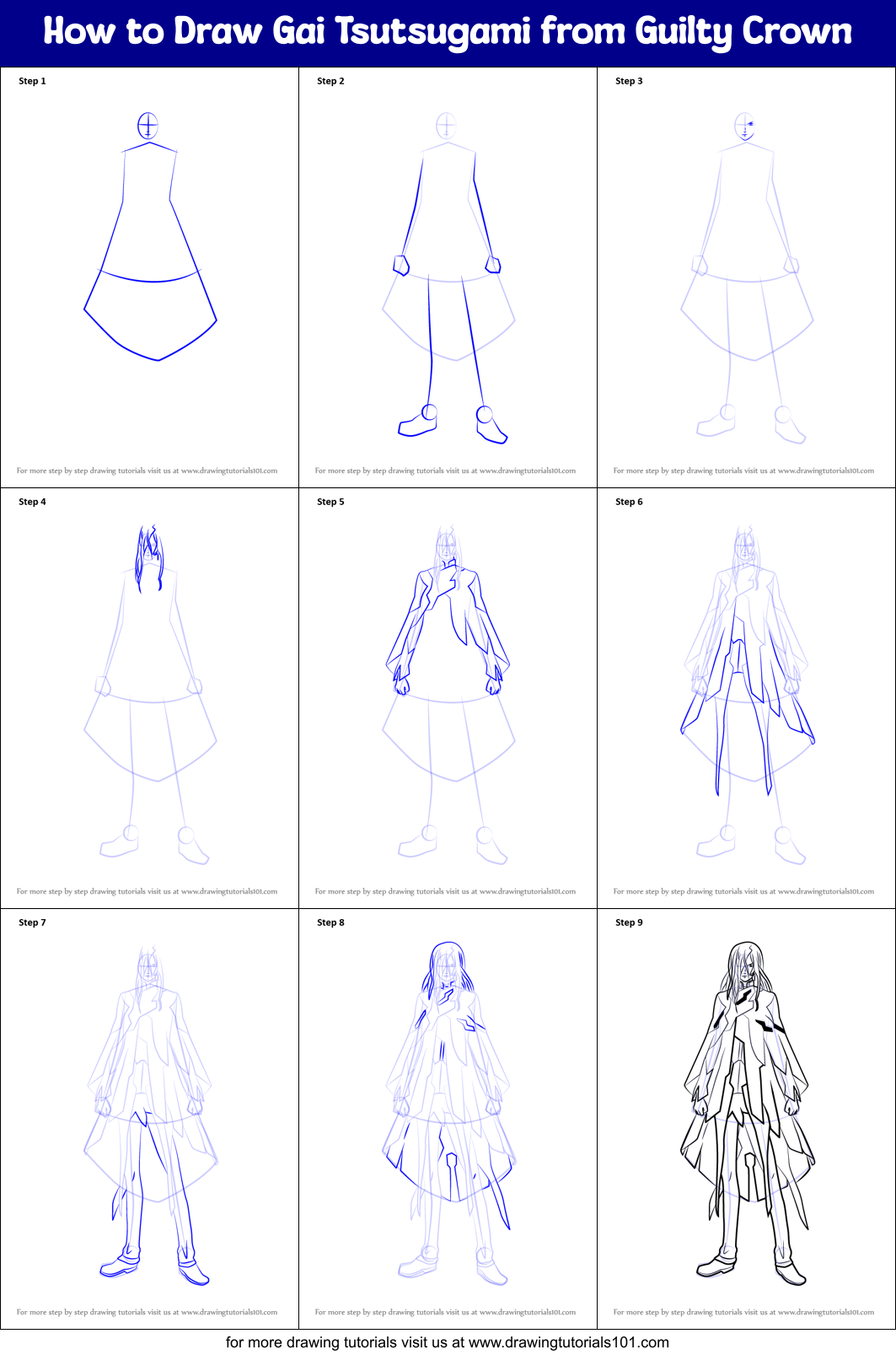 How to Draw Gai Tsutsugami from Guilty Crown Printable Step by Step