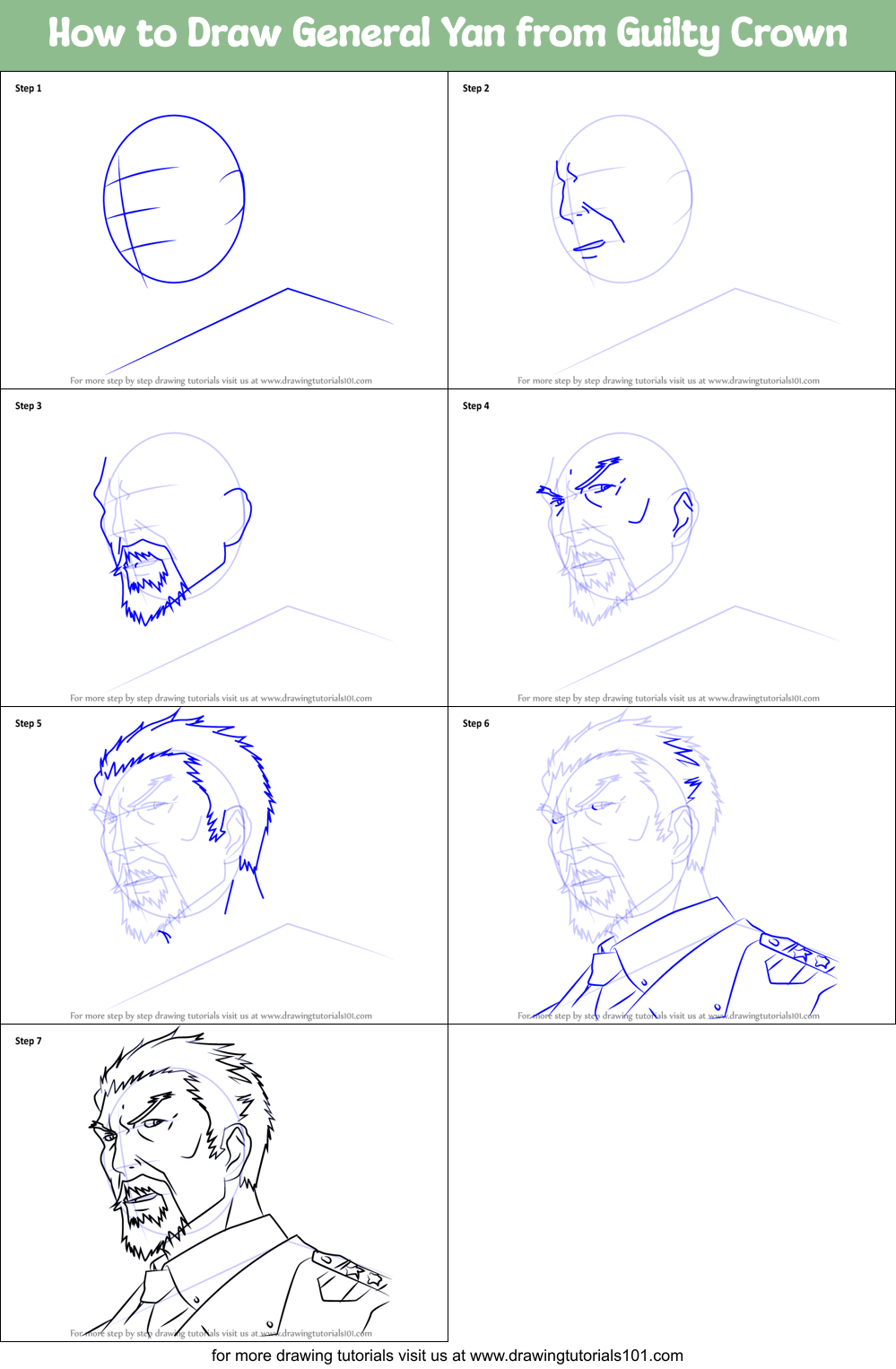 How to Draw General Yan from Guilty Crown Printable Step by Step