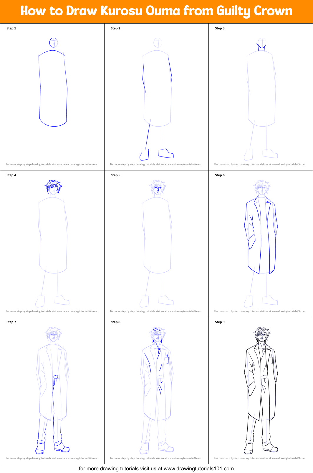 How to Draw Kurosu Ouma from Guilty Crown Printable Step by Step