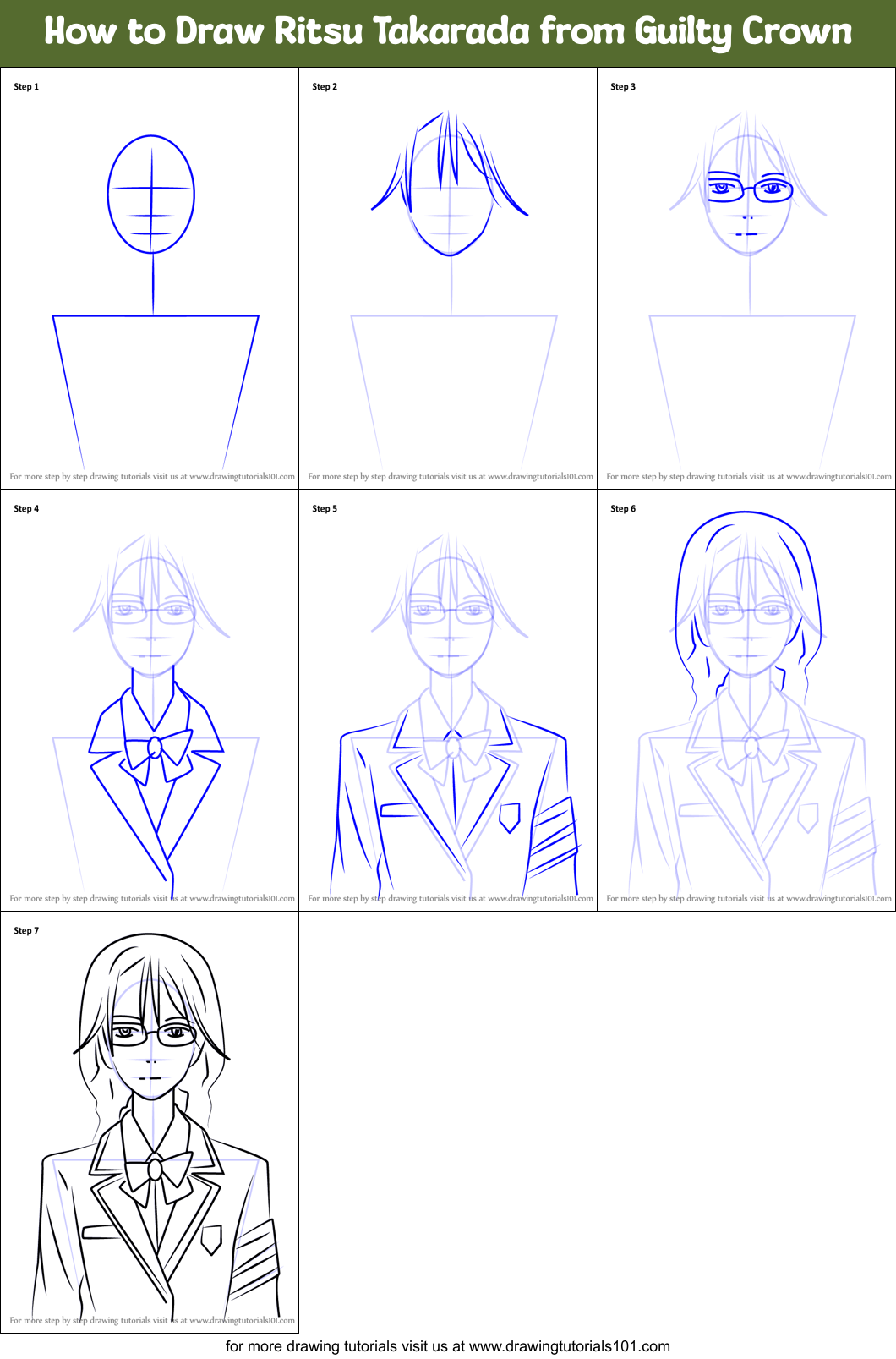 How to Draw Ritsu Takarada from Guilty Crown Printable Step by Step