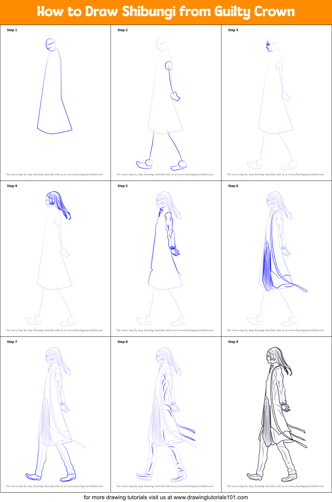 How to Draw Shibungi from Guilty Crown Printable Step by Step