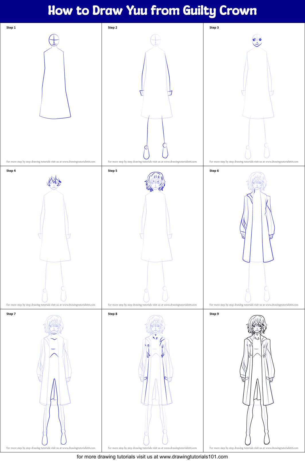 How to Draw Yuu from Guilty Crown Printable Step by Step