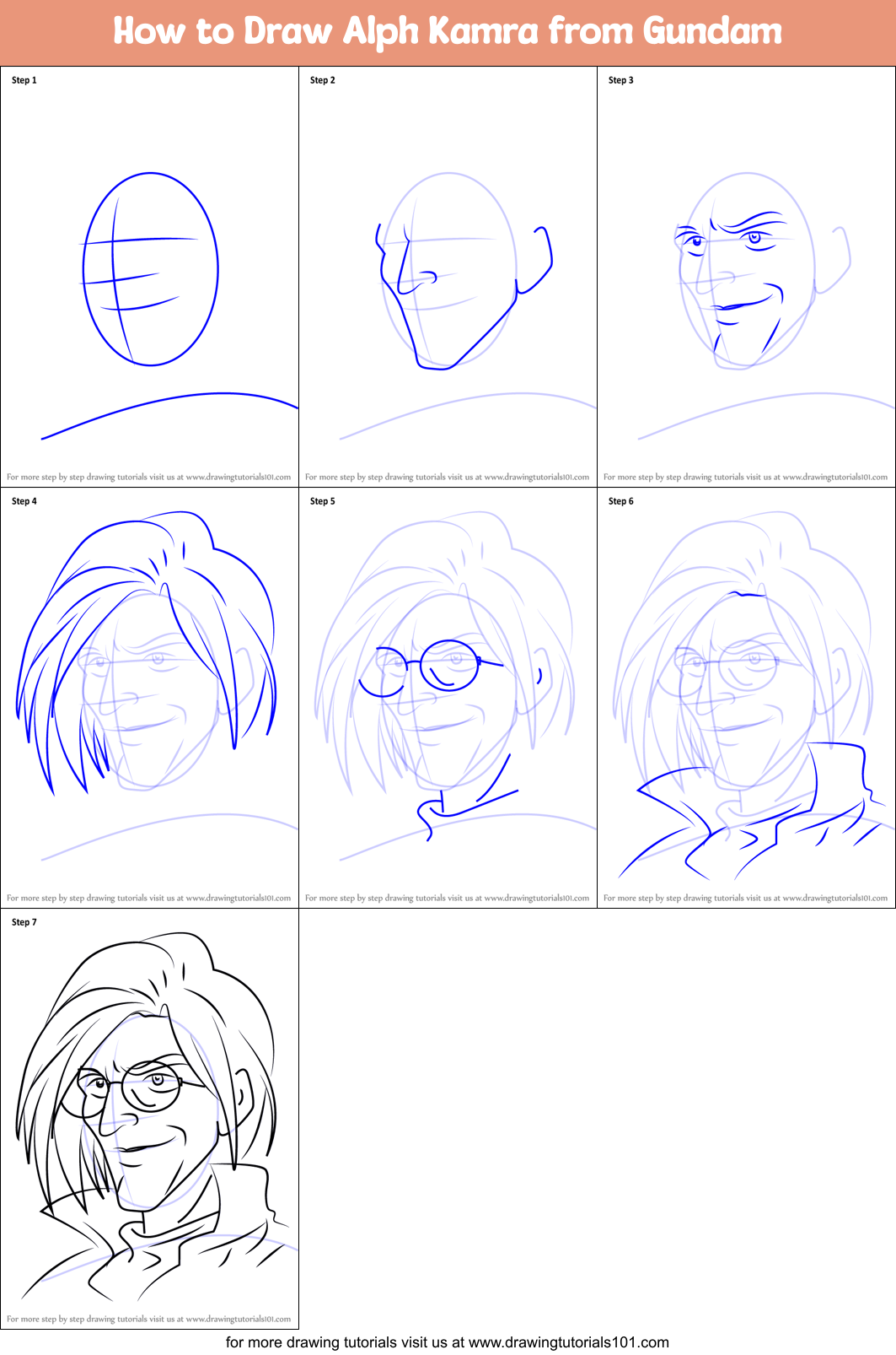 How to Draw Alph Kamra from Gundam Printable Step by Step