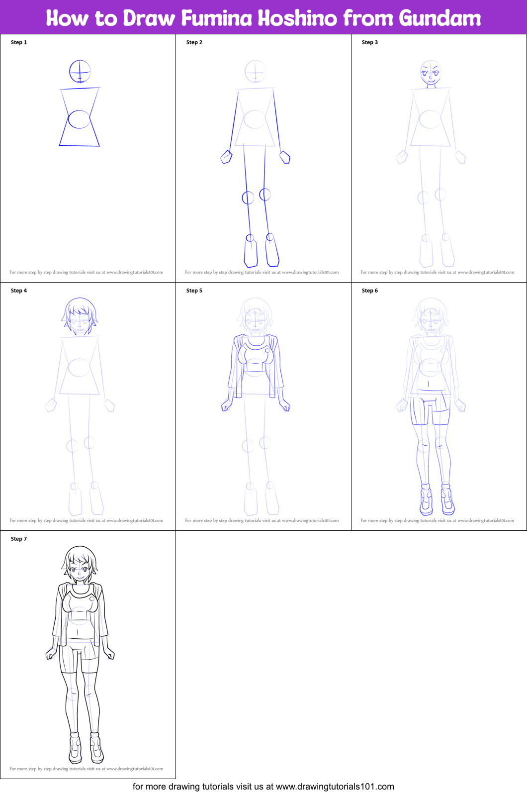 How to Draw Fumina Hoshino from Gundam Printable Step by Step