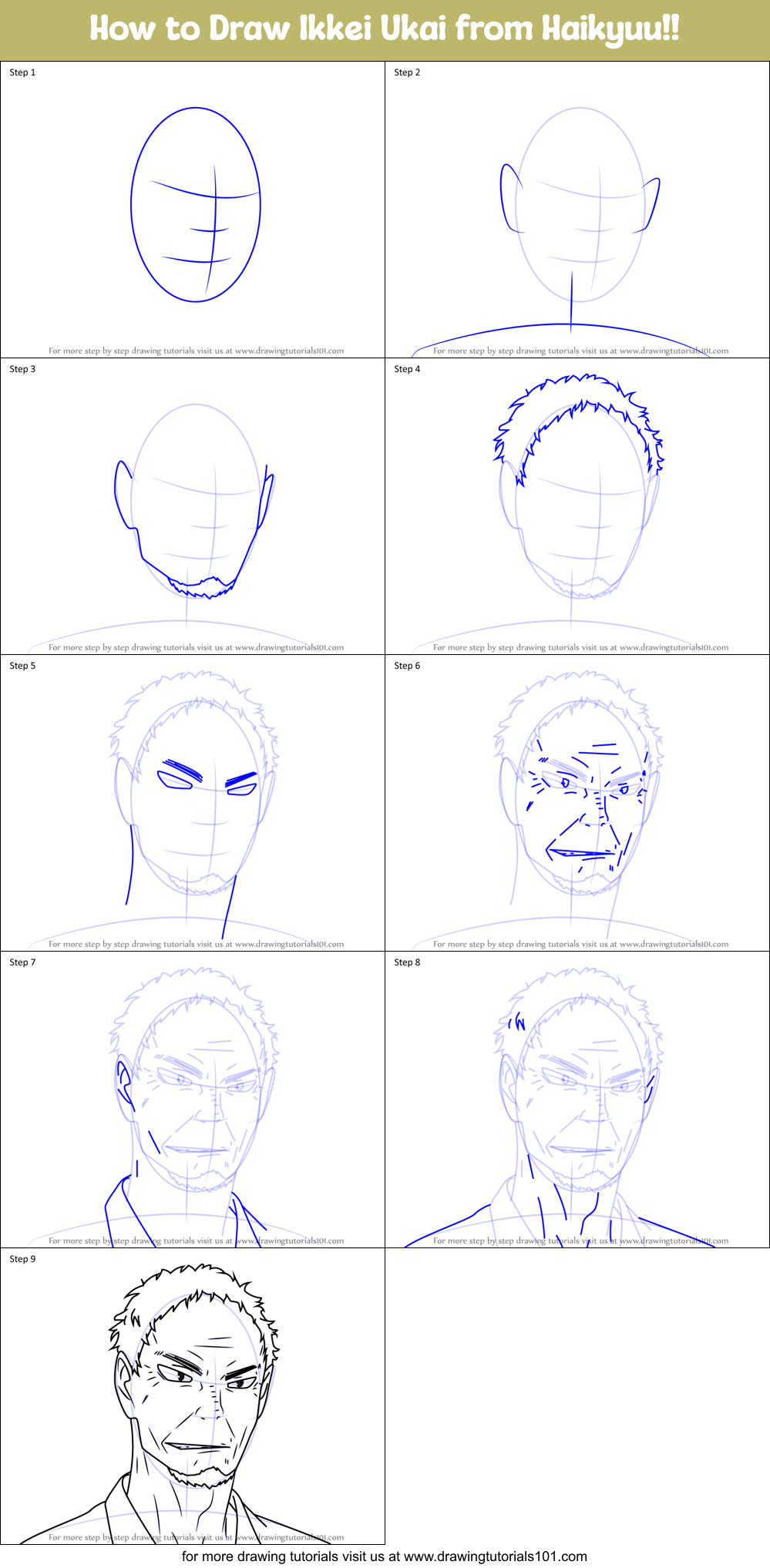 How to Draw Ikkei Ukai from Haikyuu!! Printable Step by Step