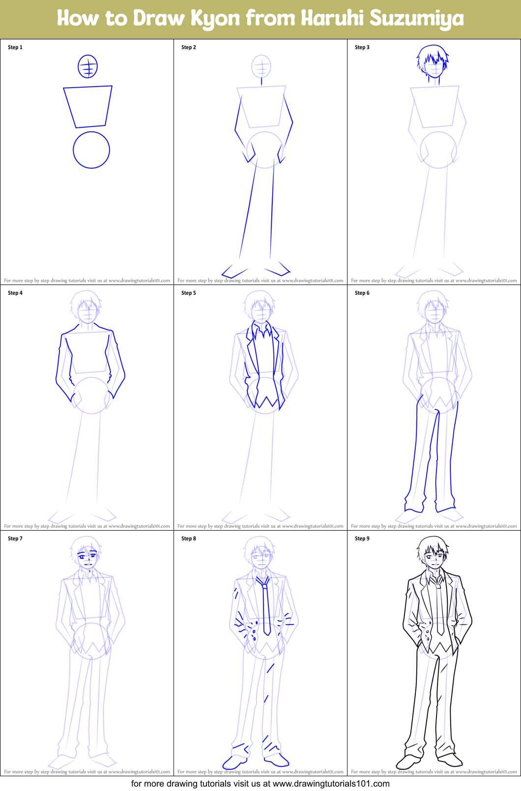 How to Draw Kyon from Haruhi Suzumiya Printable Step by Step