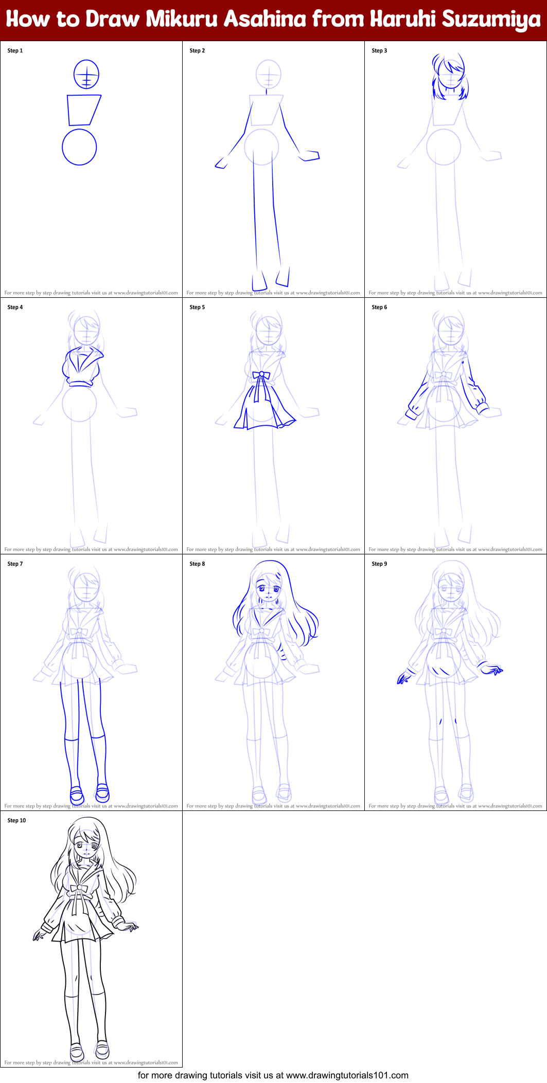 How to Draw Mikuru Asahina from Haruhi Suzumiya Printable Step by Step