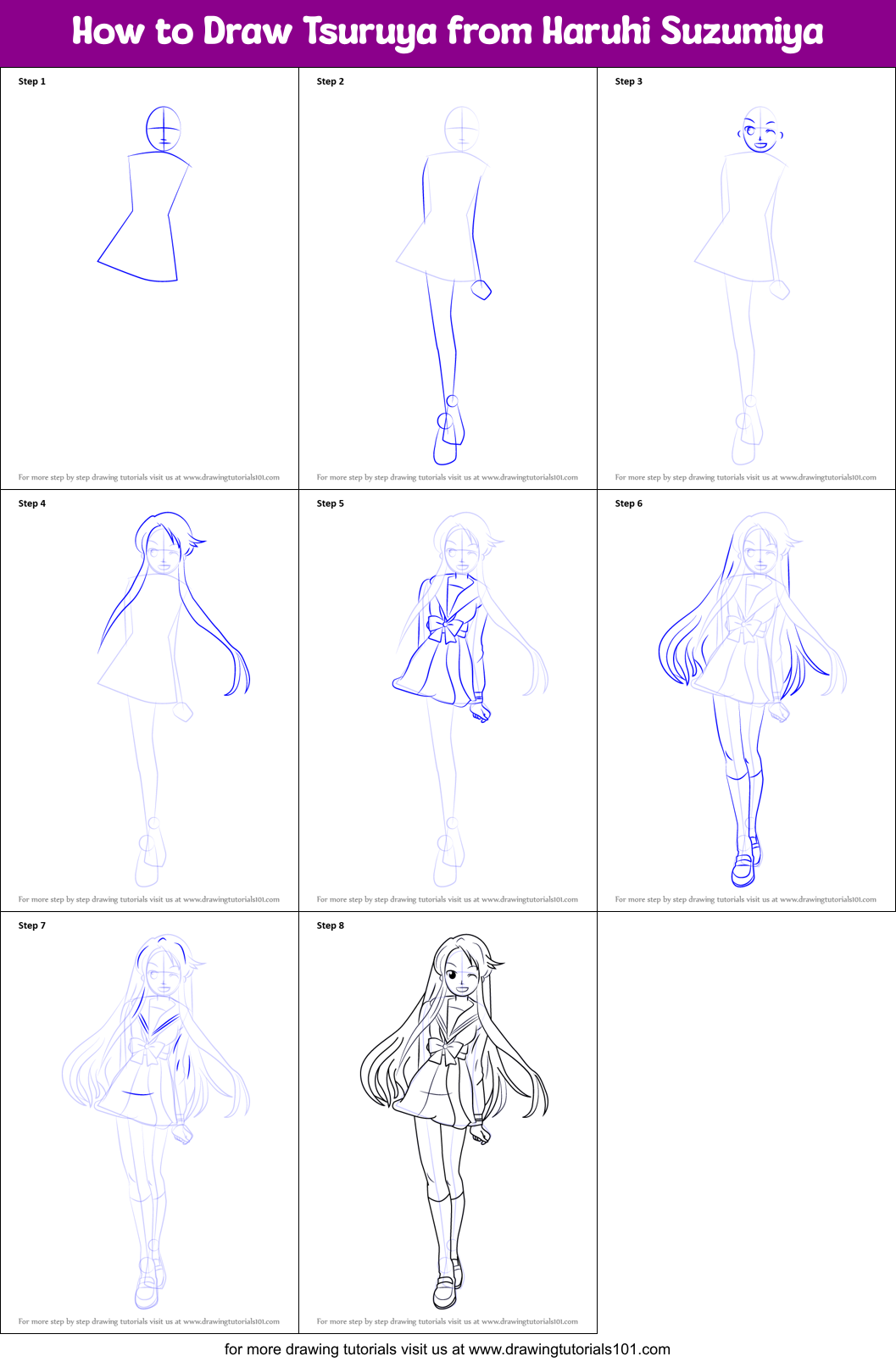 How to Draw Tsuruya from Haruhi Suzumiya Printable Step by Step