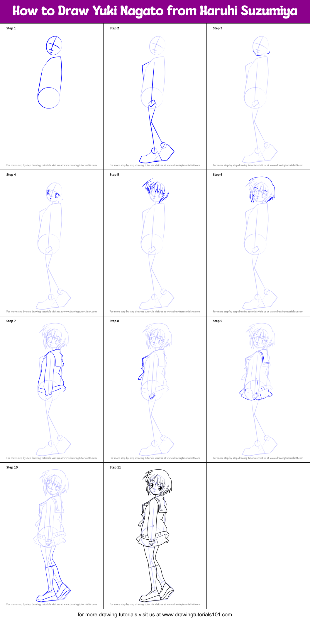 How to Draw Yuki Nagato from Haruhi Suzumiya Printable Step by Step