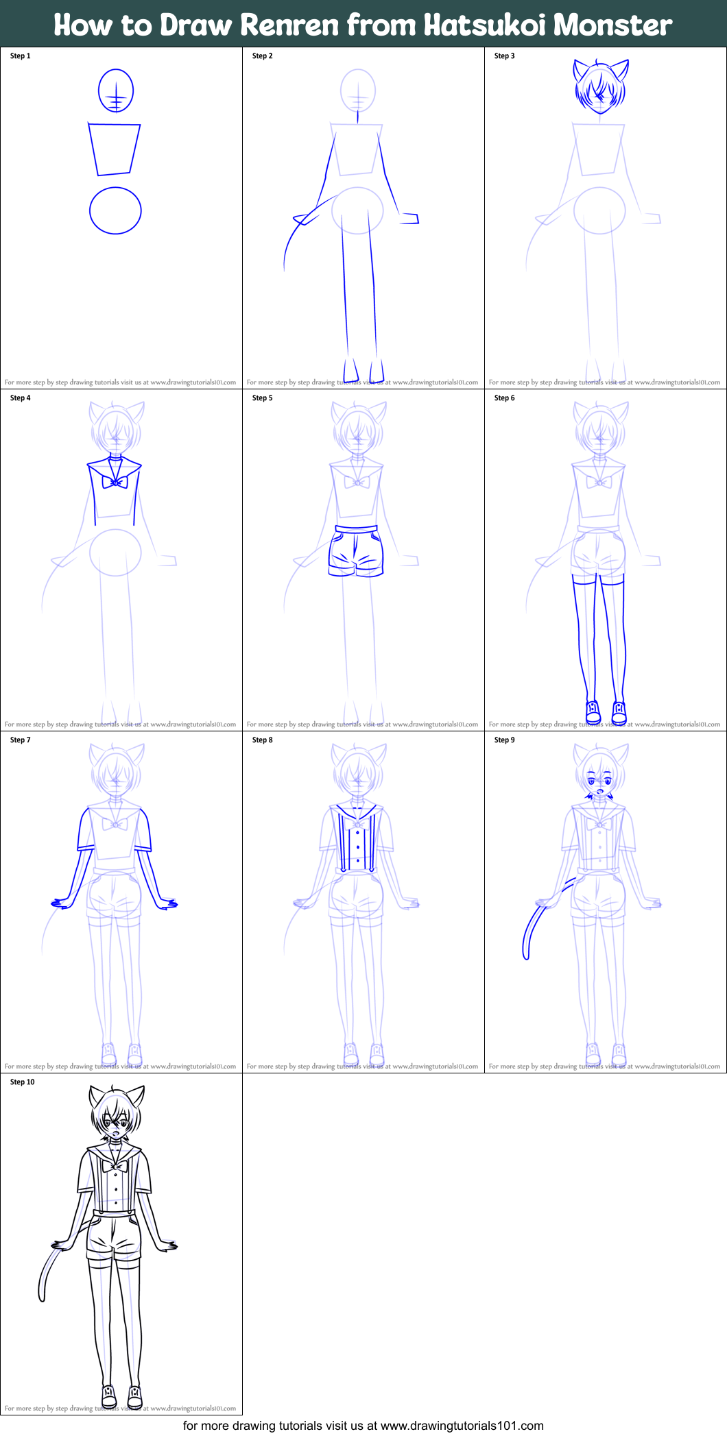 How to Draw Renren from Hatsukoi Monster Printable Step by Step