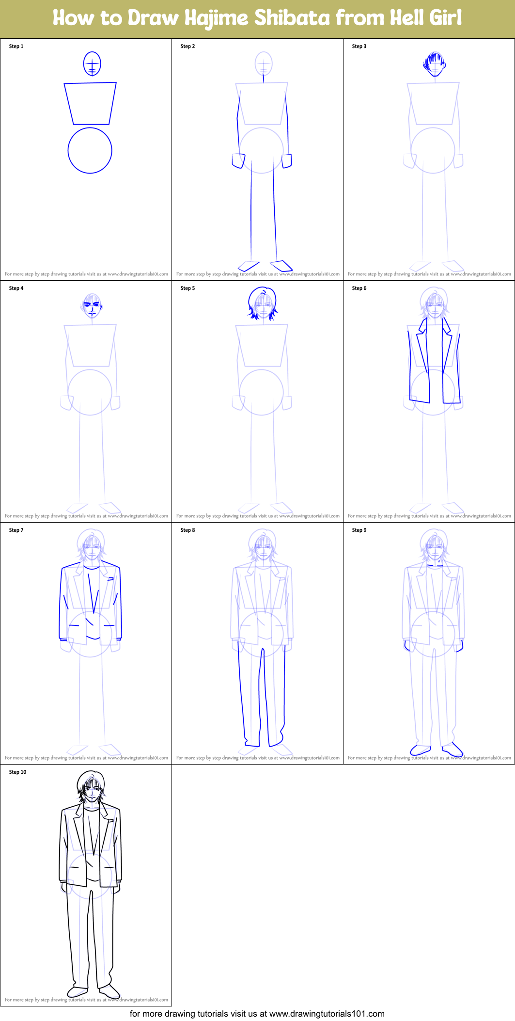 How to Draw Hajime Shibata from Hell Girl Printable Step by Step