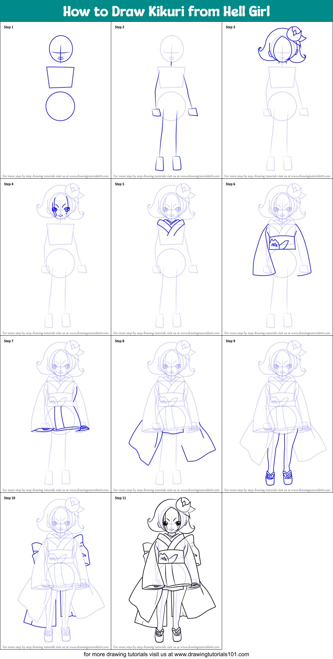 How to Draw Kikuri from Hell Girl Printable Step by Step