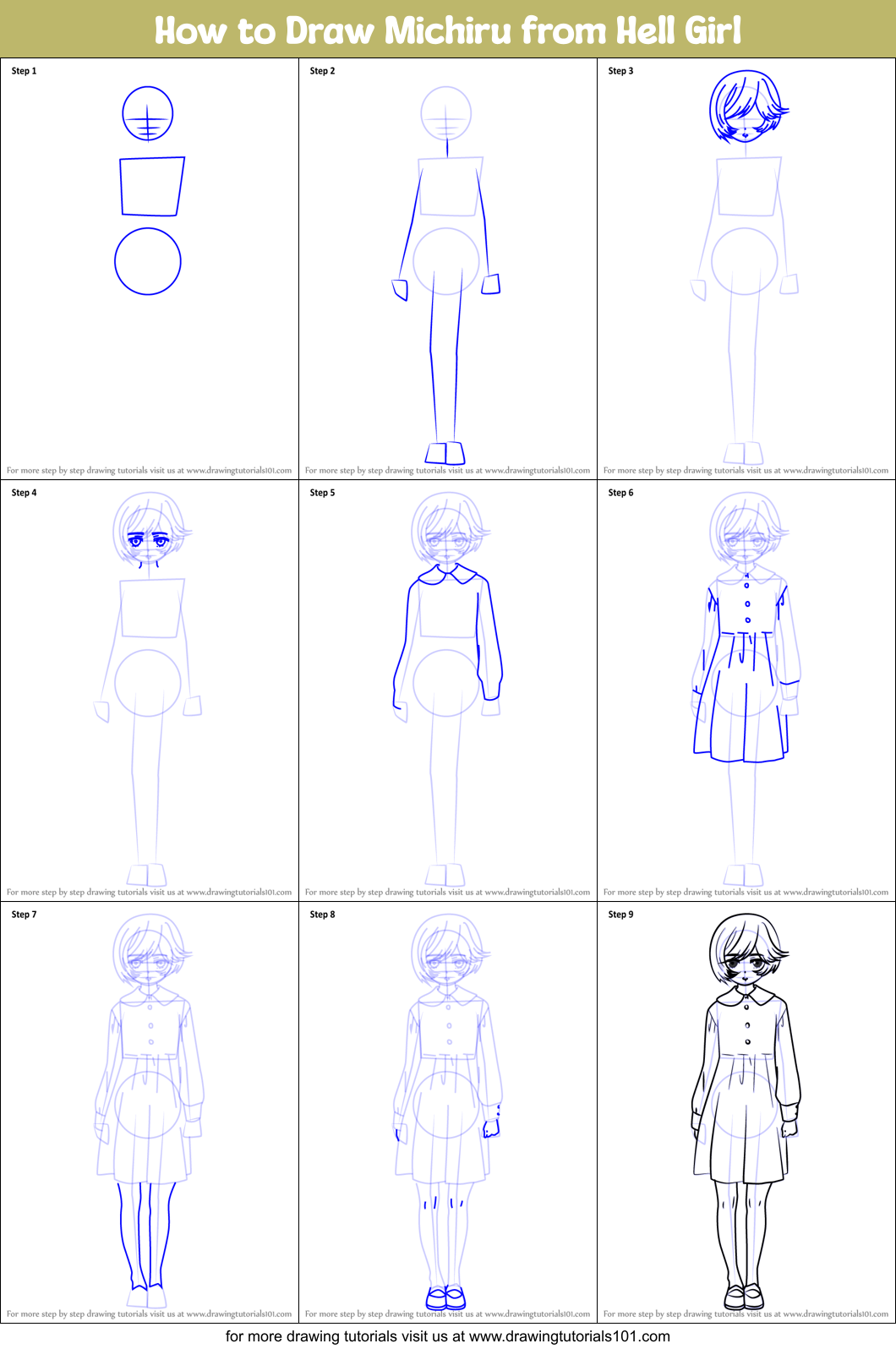 How to Draw Michiru from Hell Girl Printable Step by Step