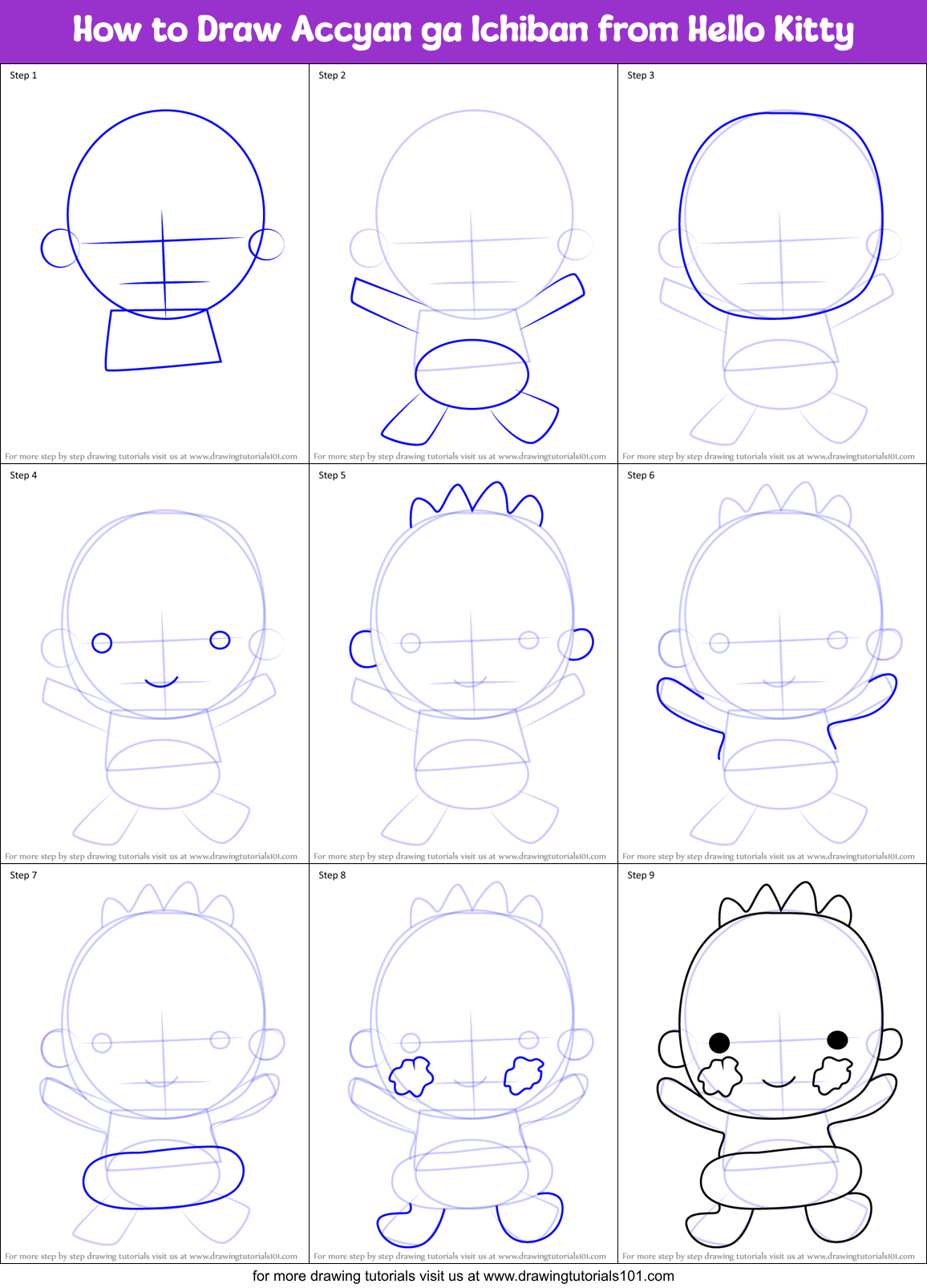 How to Draw Accyan ga Ichiban from Hello Kitty Printable Step by Step