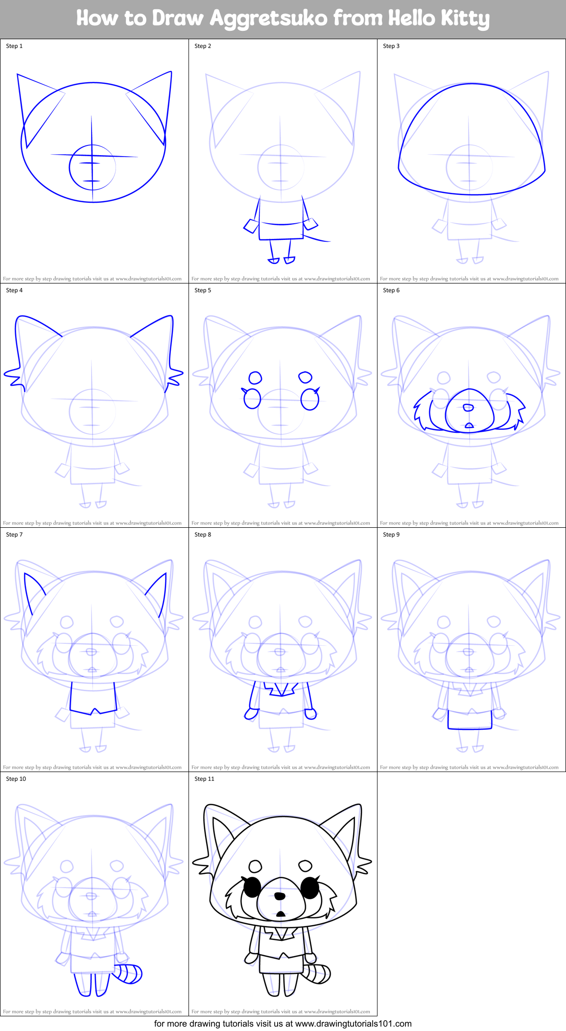 How to Draw Aggretsuko from Hello Kitty Printable Step by Step