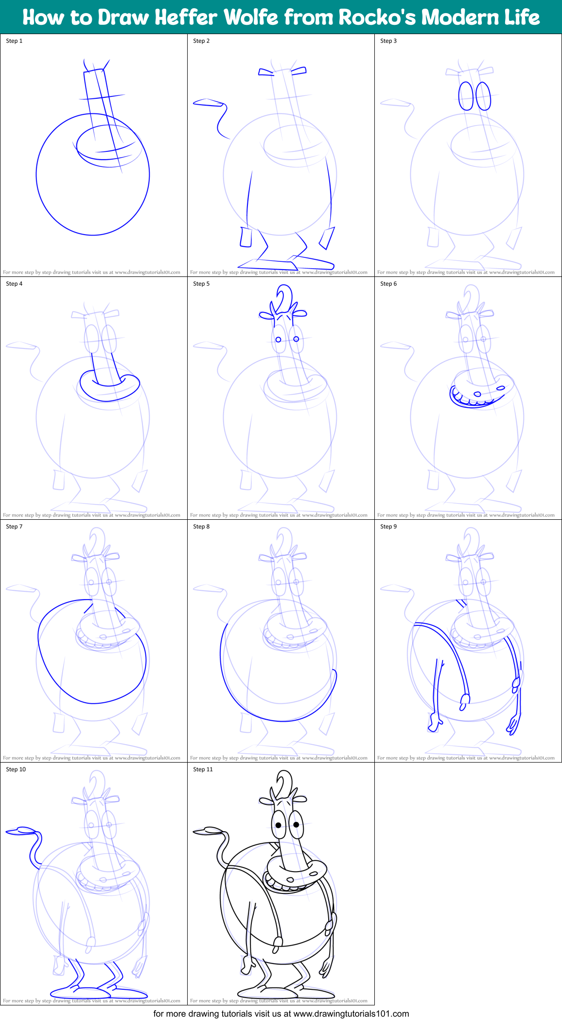 How to Draw Heffer Wolfe from Rocko's Modern Life Printable Step by Step