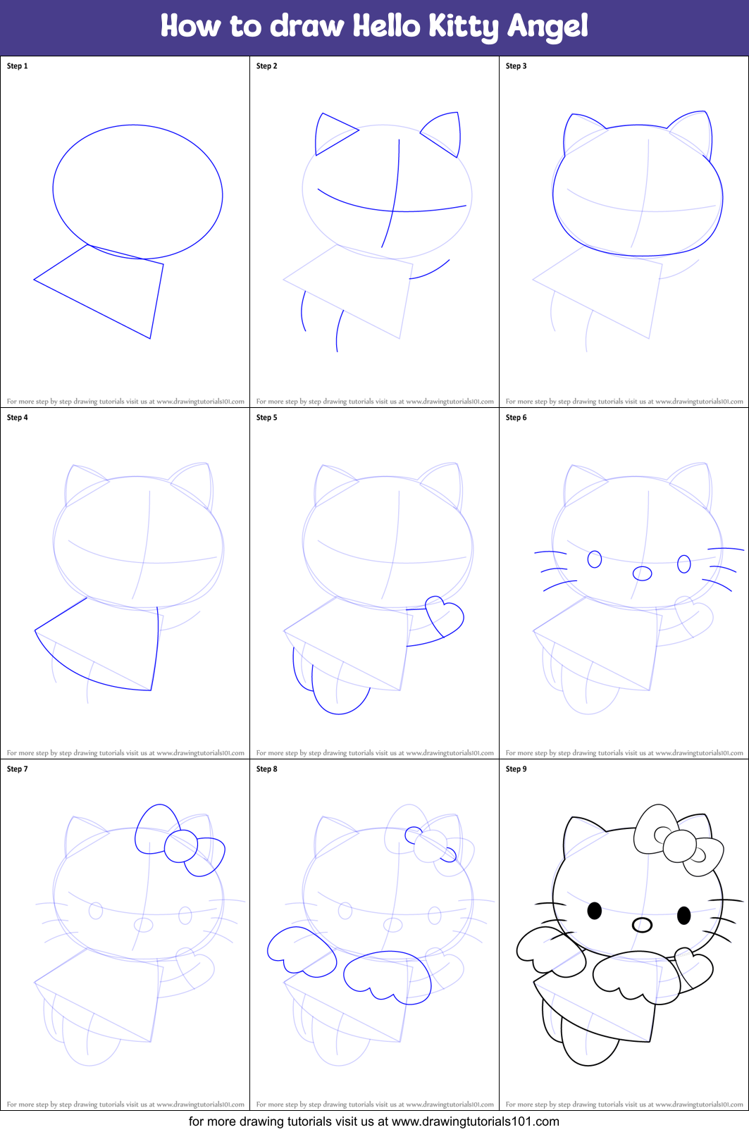 How to draw Hello Kitty Angel Printable Step by Step