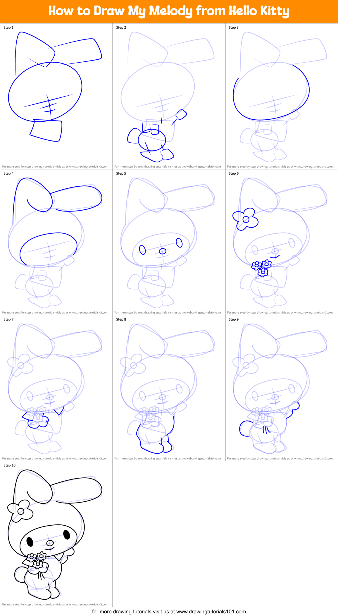 How to Draw My Melody from Hello Kitty printable step by step drawing