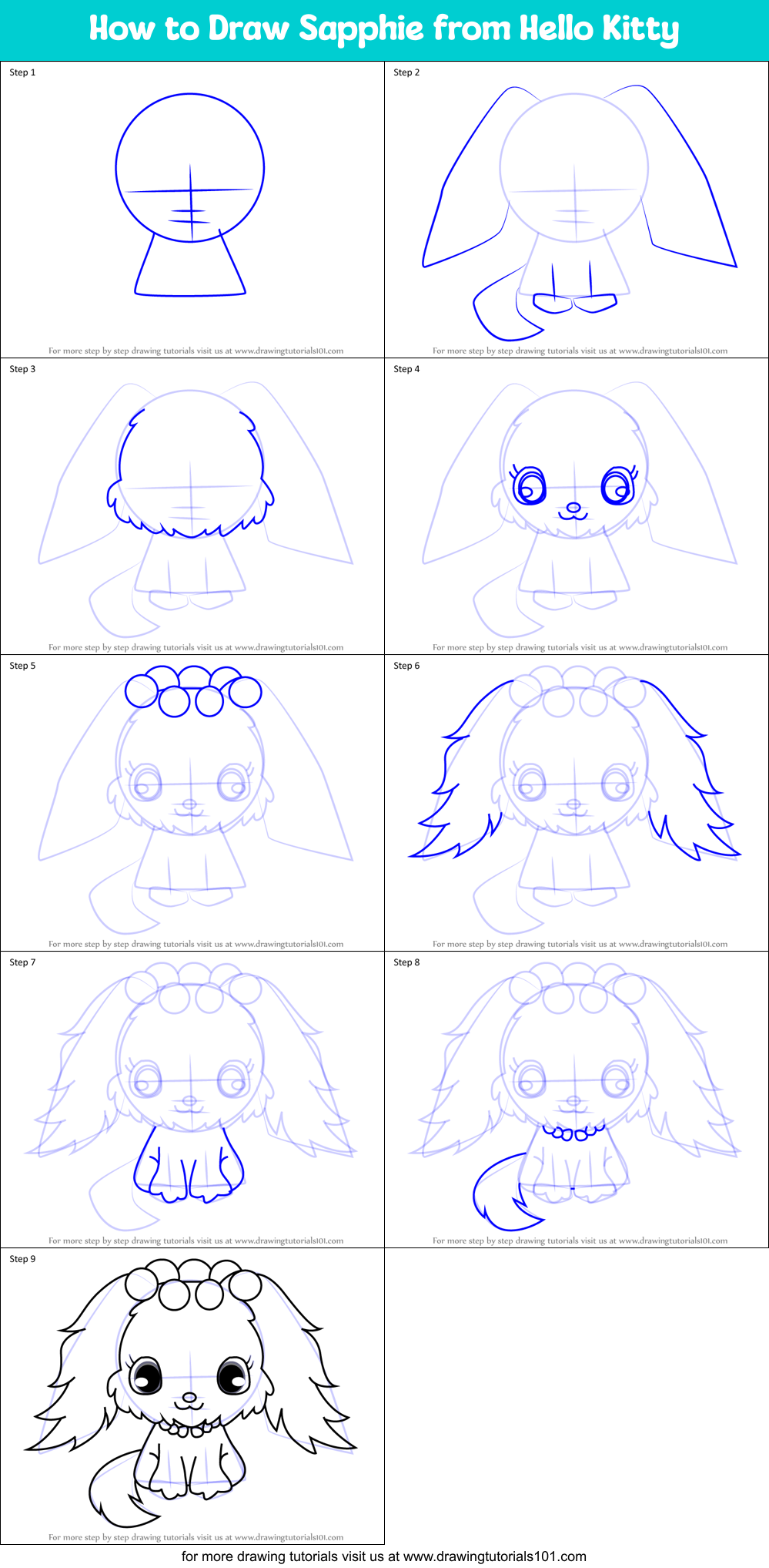How to Draw Sapphie from Hello Kitty Printable Step by Step