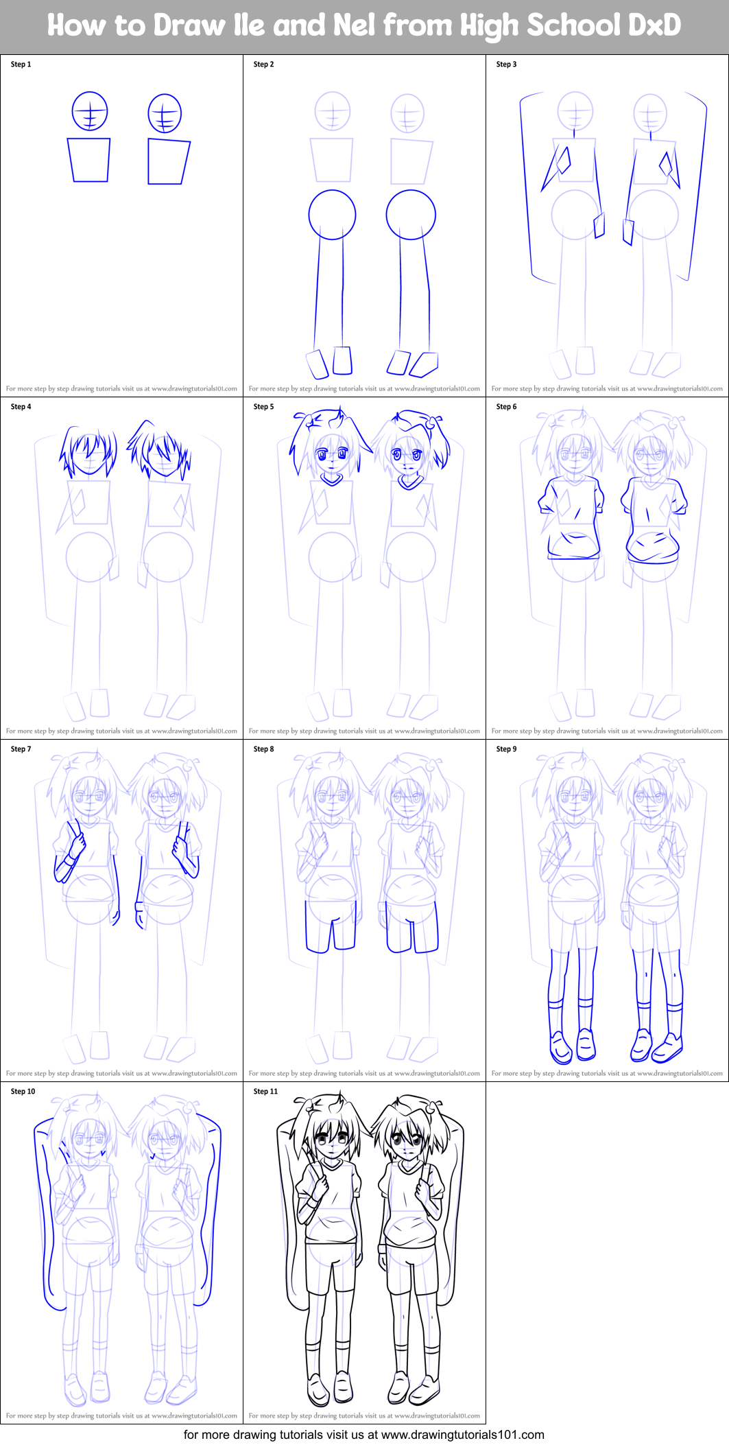 How to Draw Ile and Nel from High School DxD Printable Step by Step