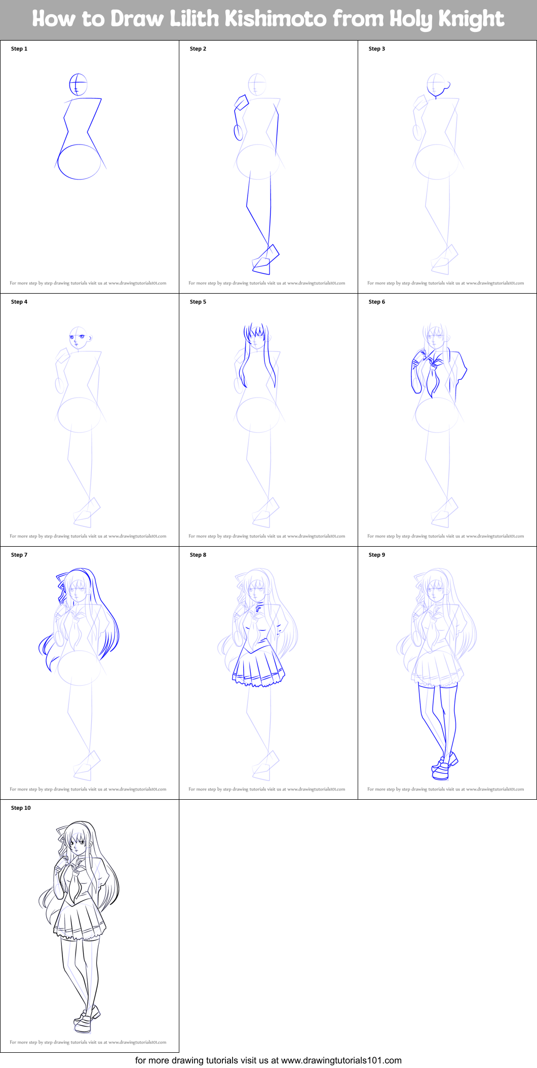 How to Draw Lilith Kishimoto from Holy Knight Printable Step by Step
