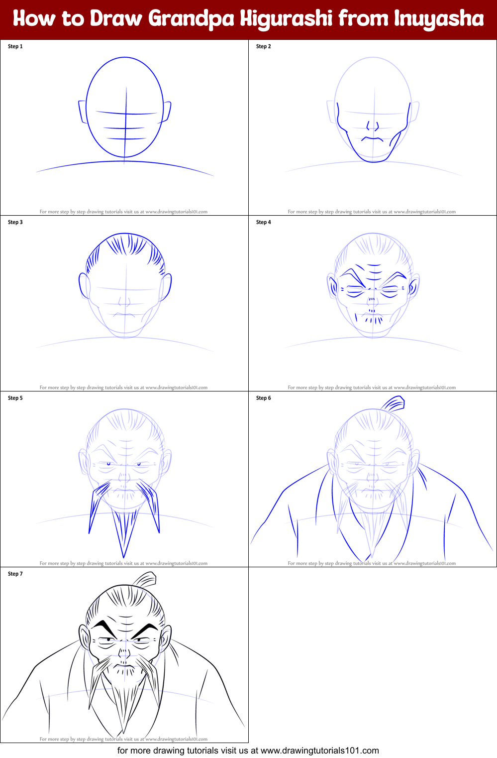 How to Draw Grandpa Higurashi from Inuyasha Printable Step by Step