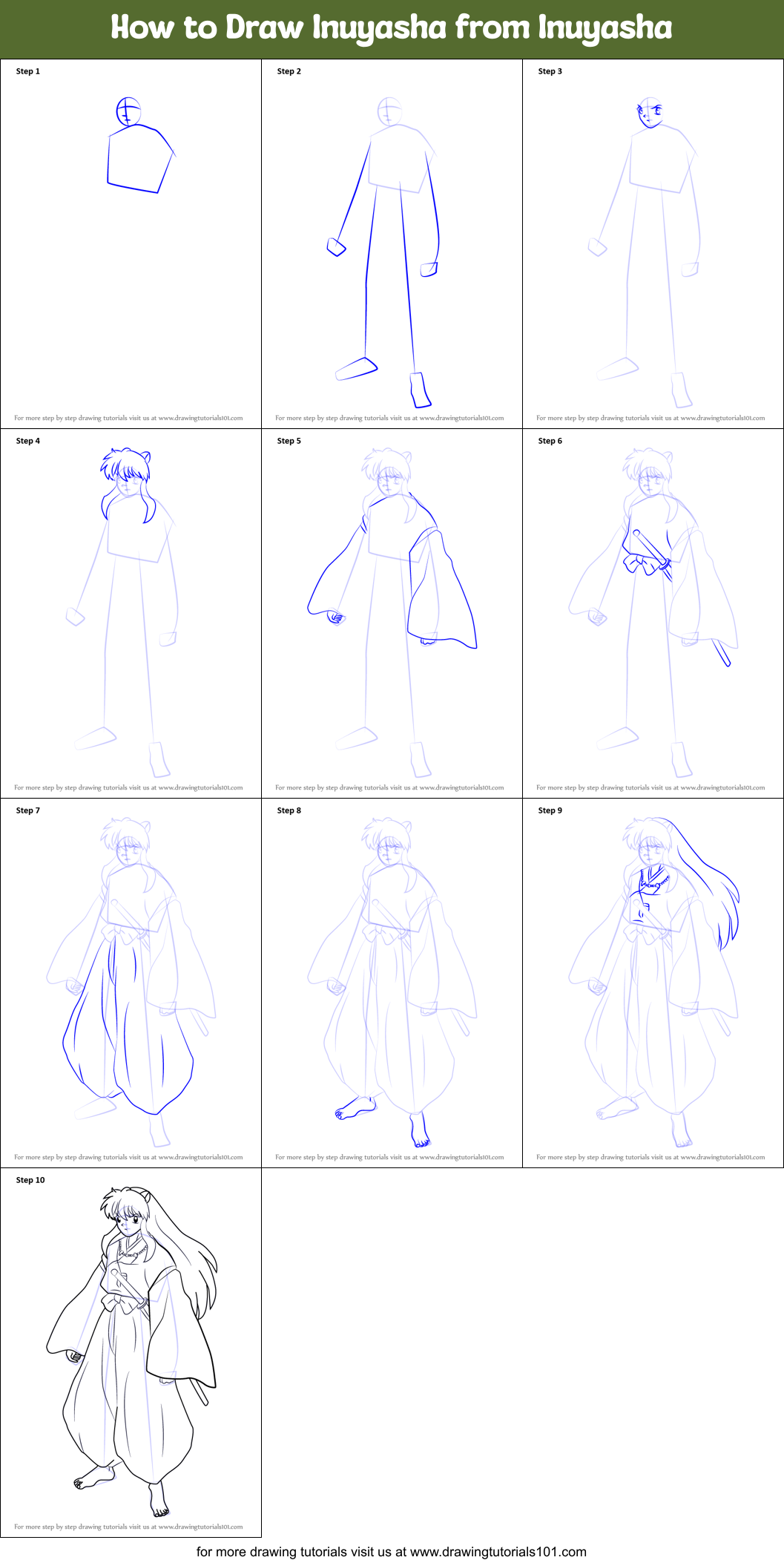 How to Draw Inuyasha from Inuyasha printable step by step drawing sheet