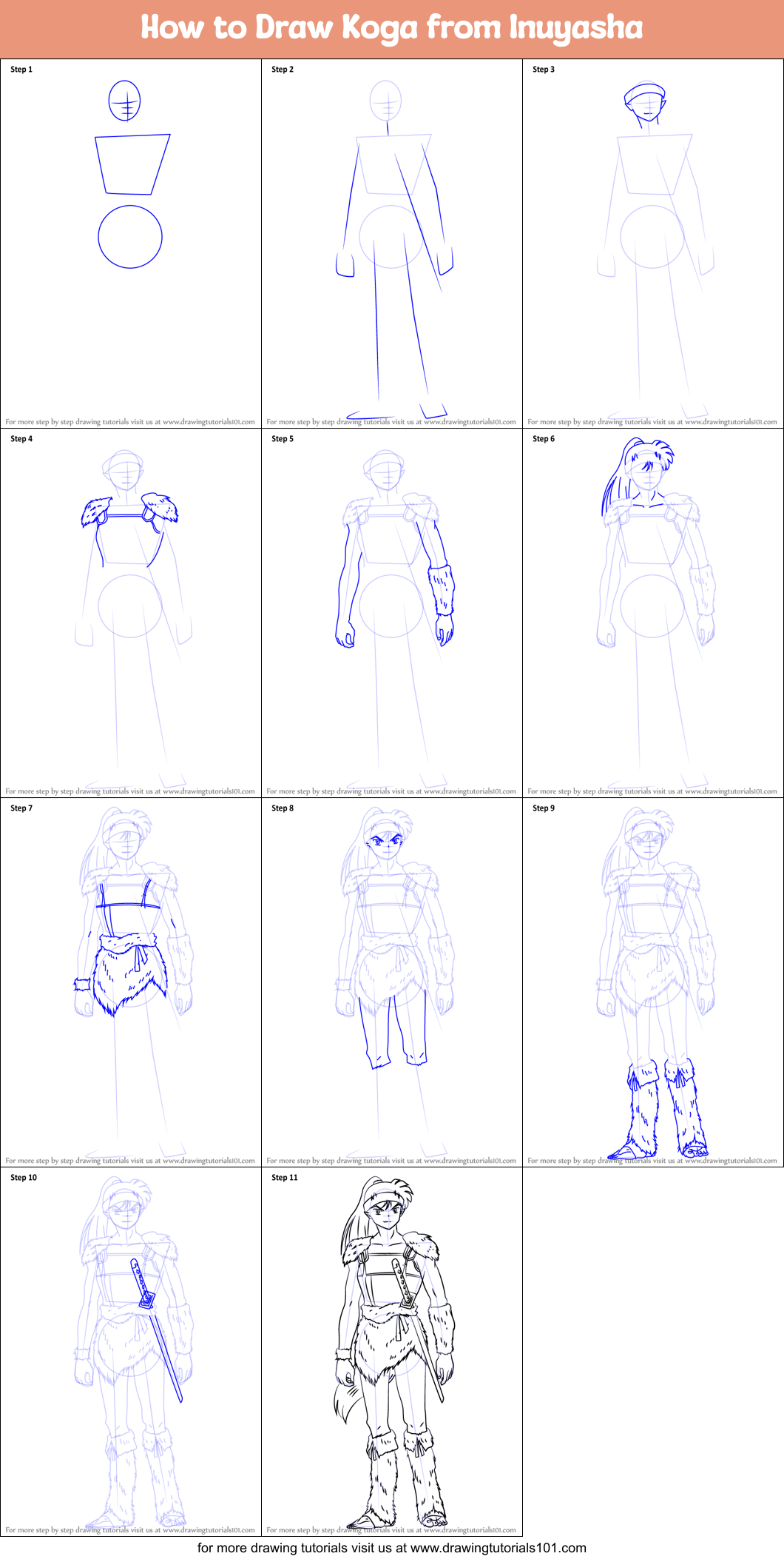 How to Draw Koga from Inuyasha Printable Step by Step