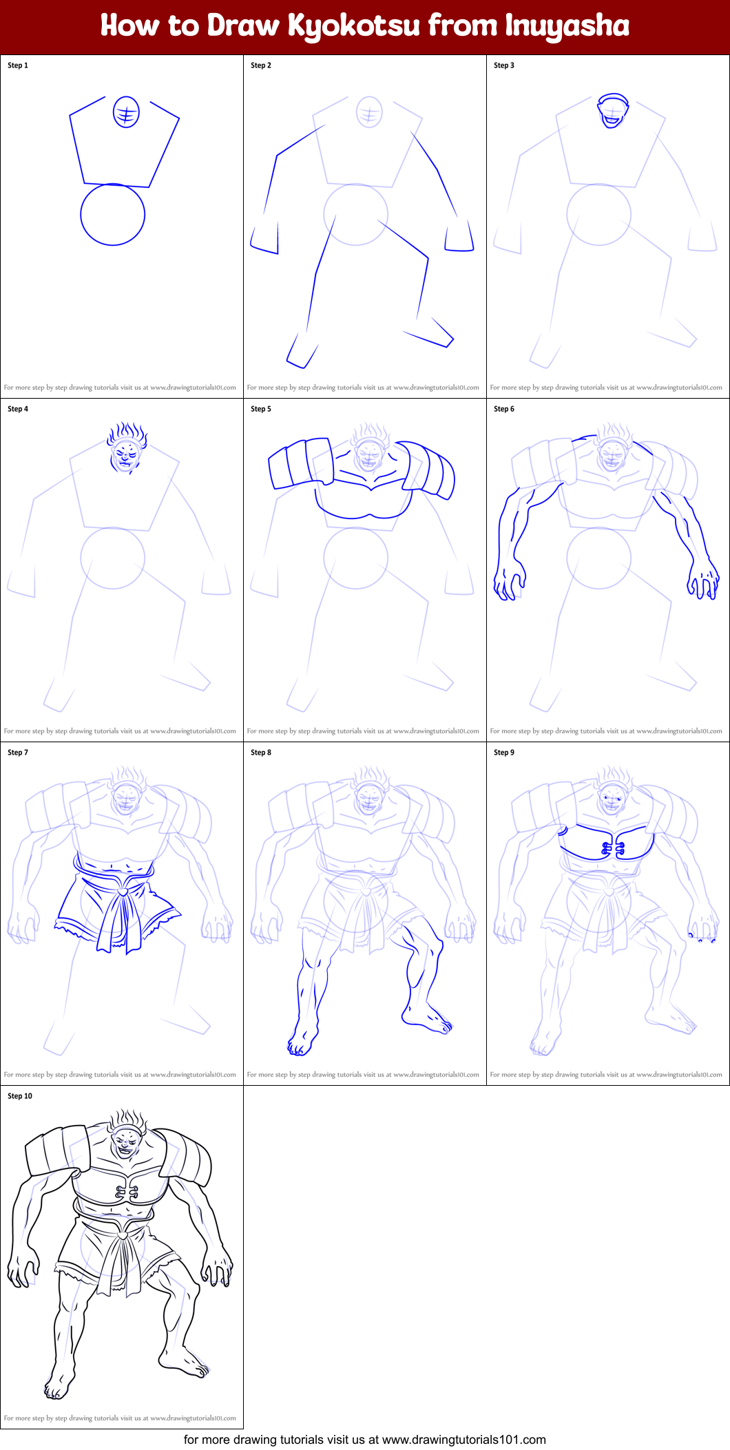 How to Draw Kyokotsu from Inuyasha Printable Step by Step