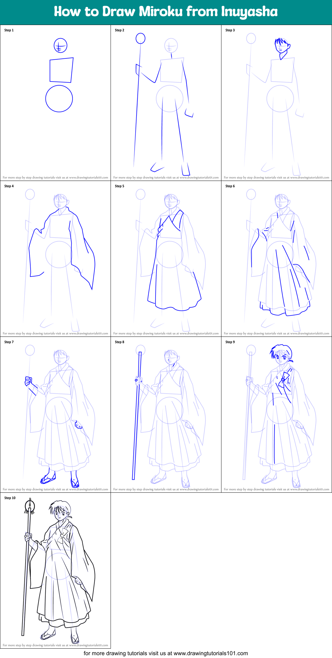 How to Draw Miroku from Inuyasha Printable Step by Step