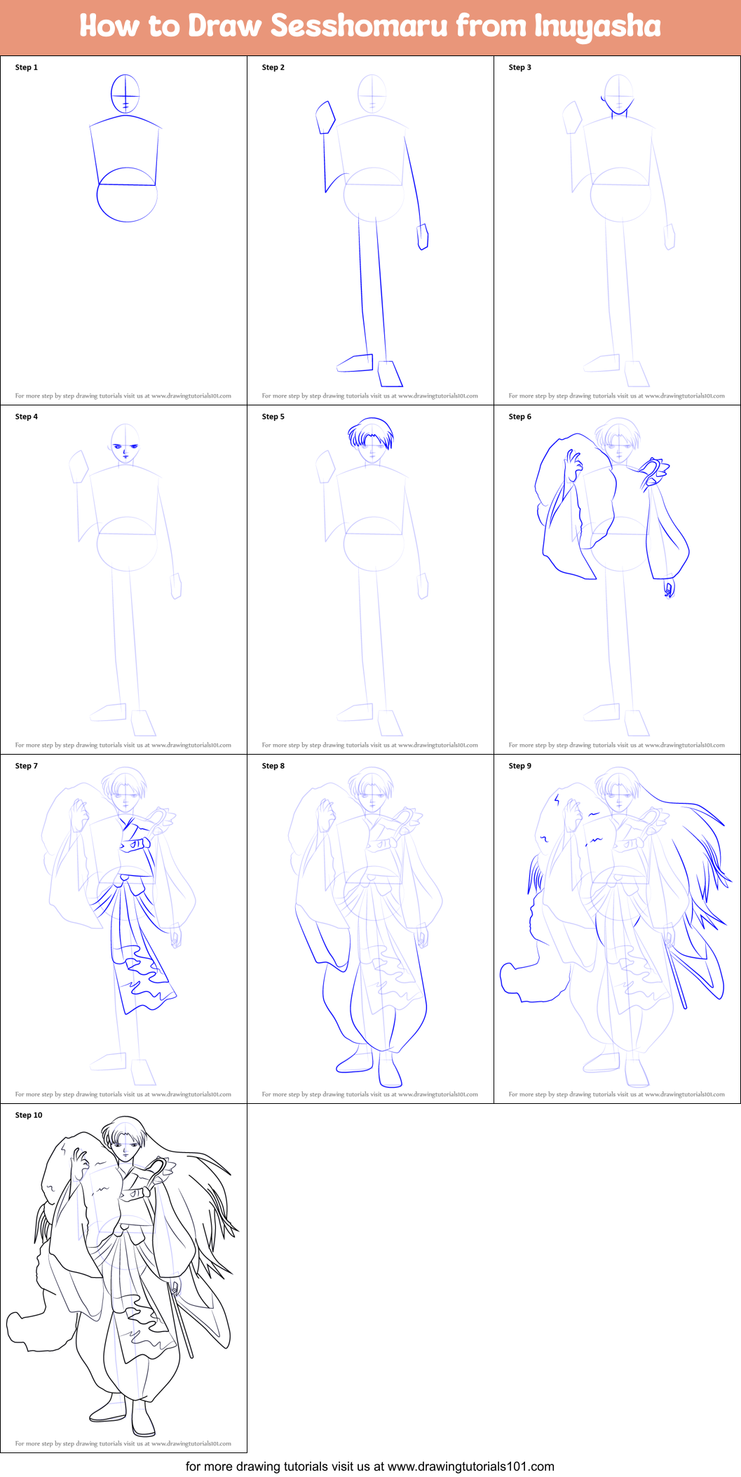 How to Draw Sesshomaru from Inuyasha Printable Step by Step