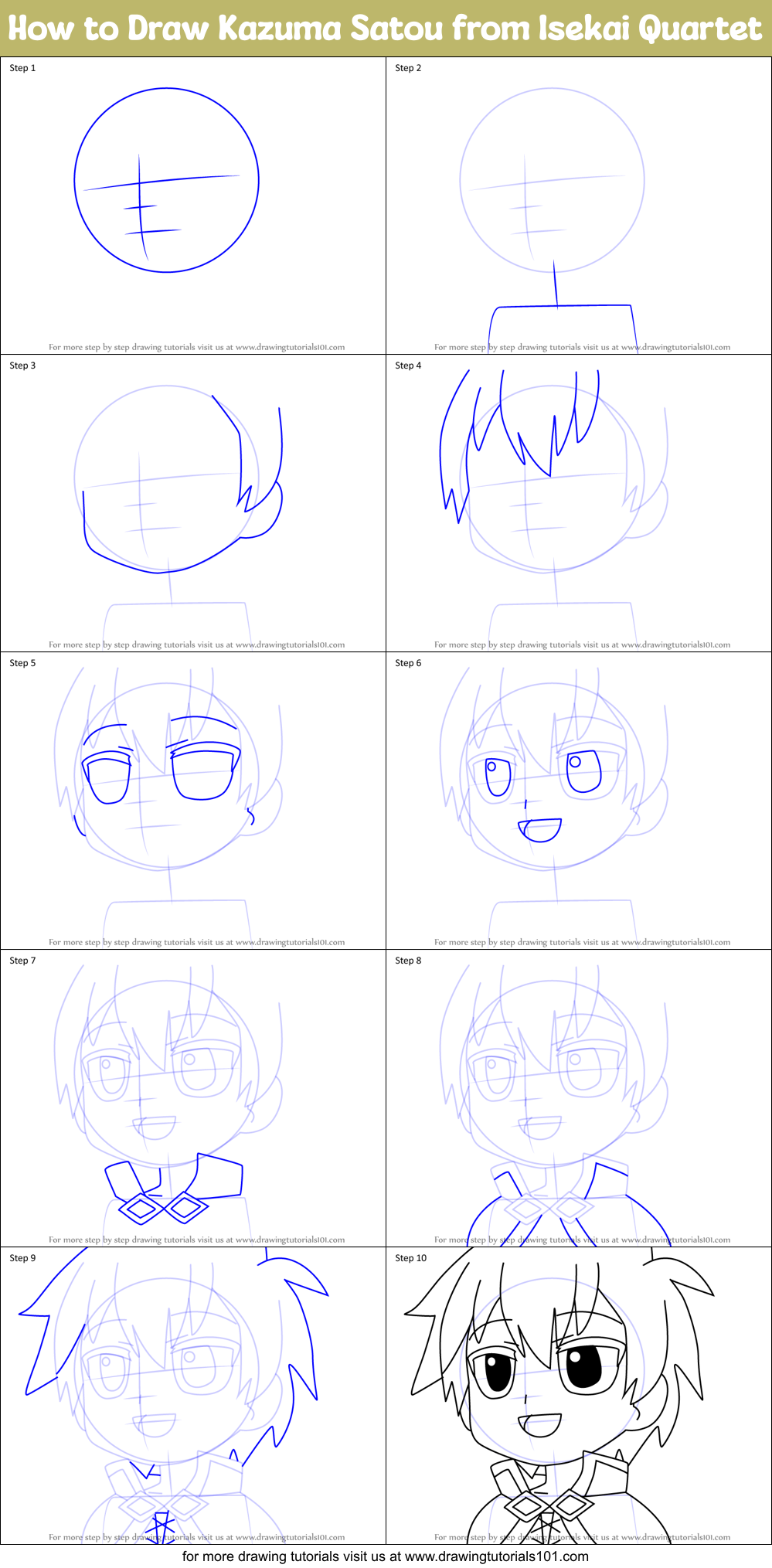 How to Draw Kazuma Satou from Isekai Quartet Printable Step by Step