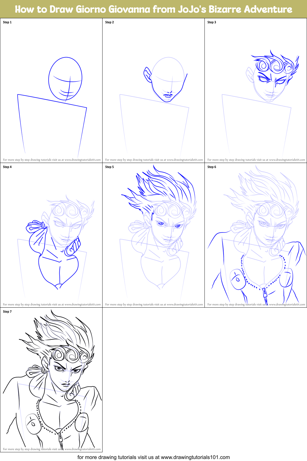How to Draw Giorno Giovanna from JoJo's Bizarre Adventure Printable Step by Step