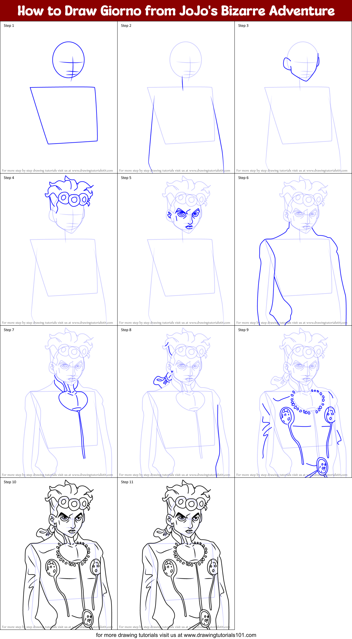How to Draw Giorno from JoJo's Bizarre Adventure Printable Step by Step