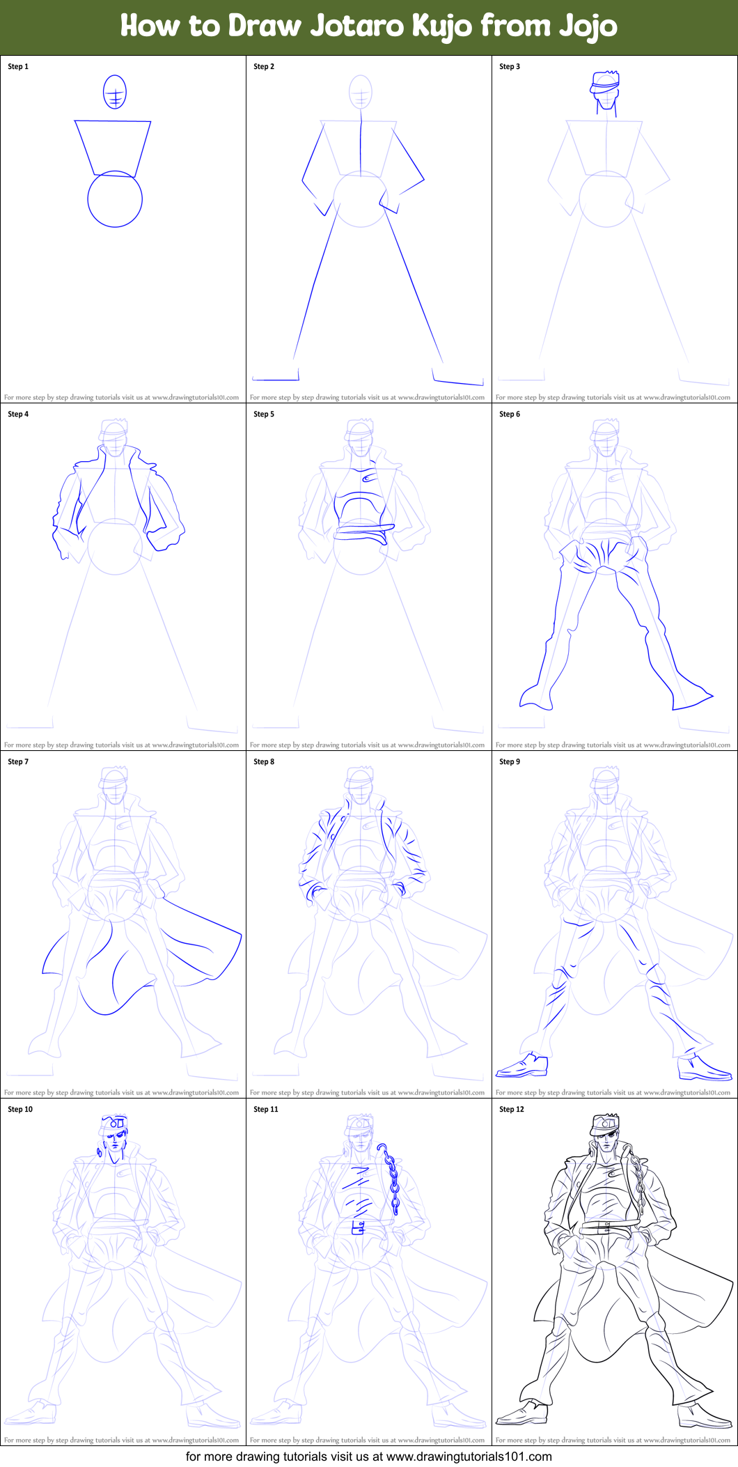 How to Draw Jotaro Kujo from Jojo printable step by step drawing sheet