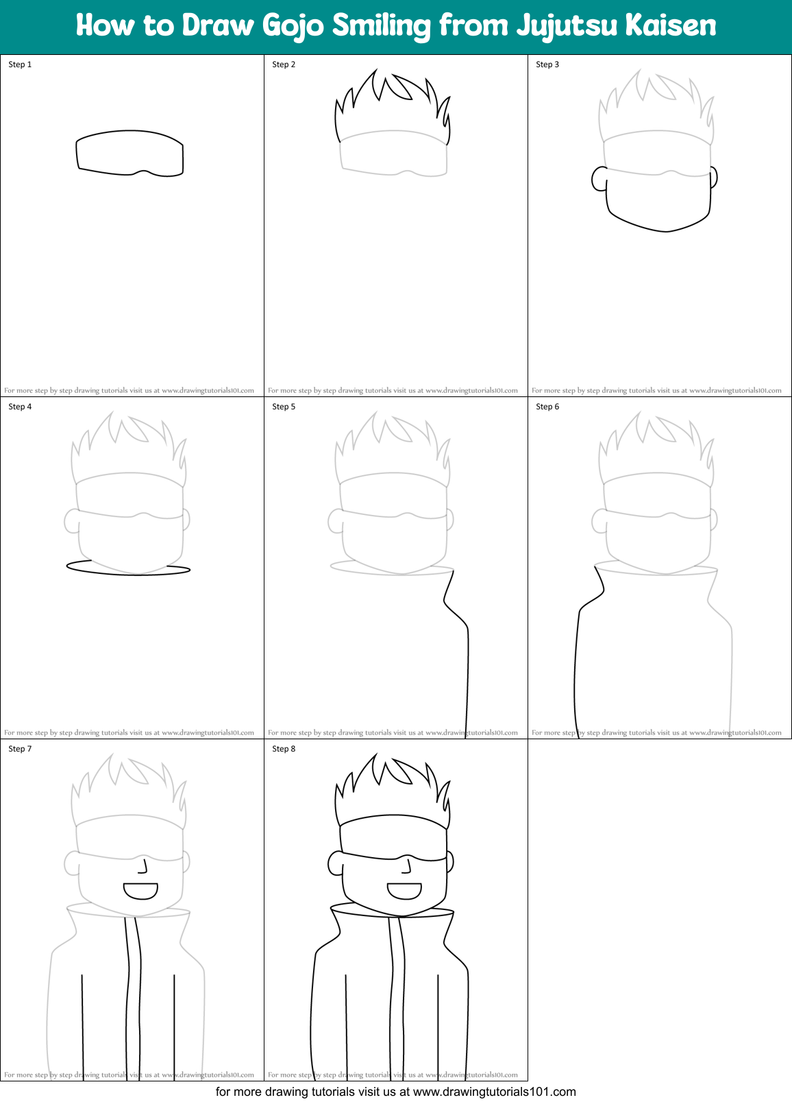 How to Draw Gojo Smiling from Jujutsu Kaisen Printable Step by Step