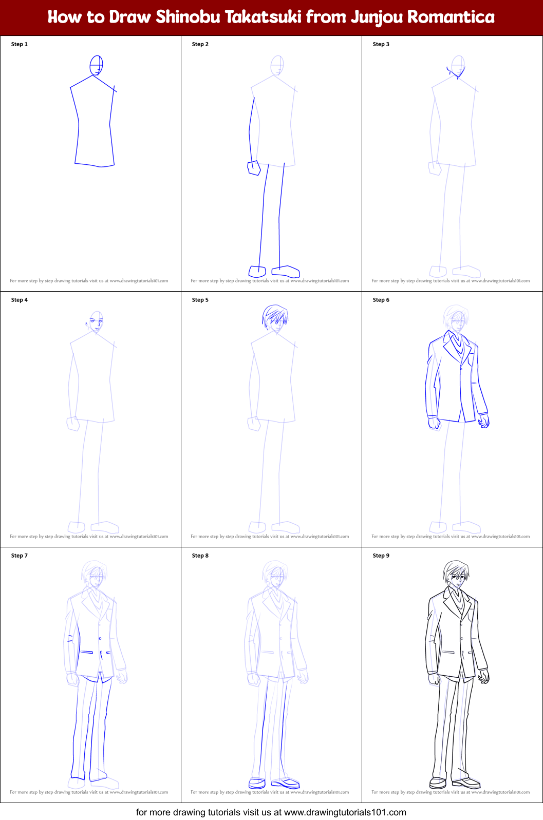 How to Draw Shinobu Takatsuki from Junjou Romantica Printable Step by Step