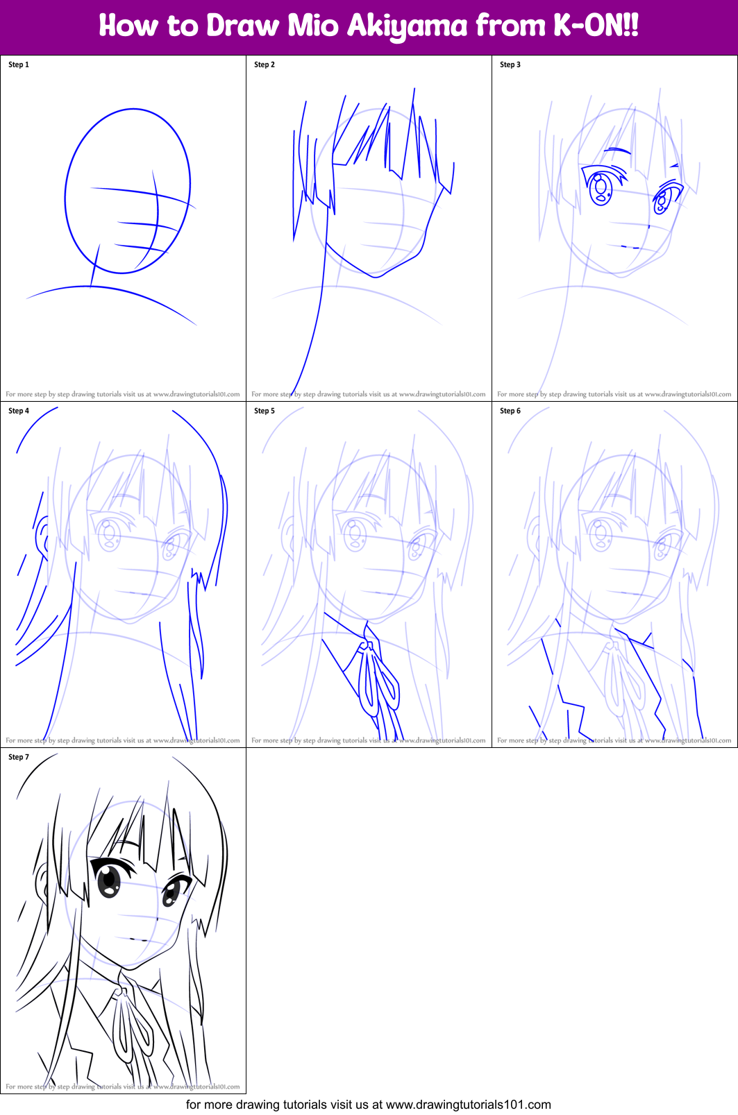 draw mio akiyama drawing step anime manga printable tutorials drawingtutorials101 sheet