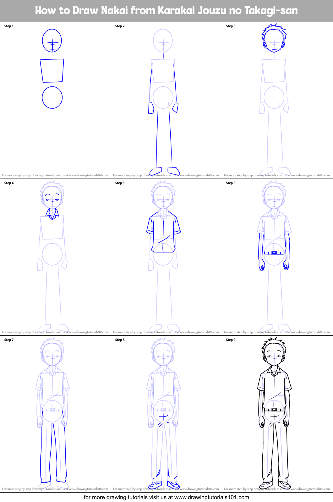How to Draw Nakai from Karakai Jouzu no Takagi-san Printable Step by Step