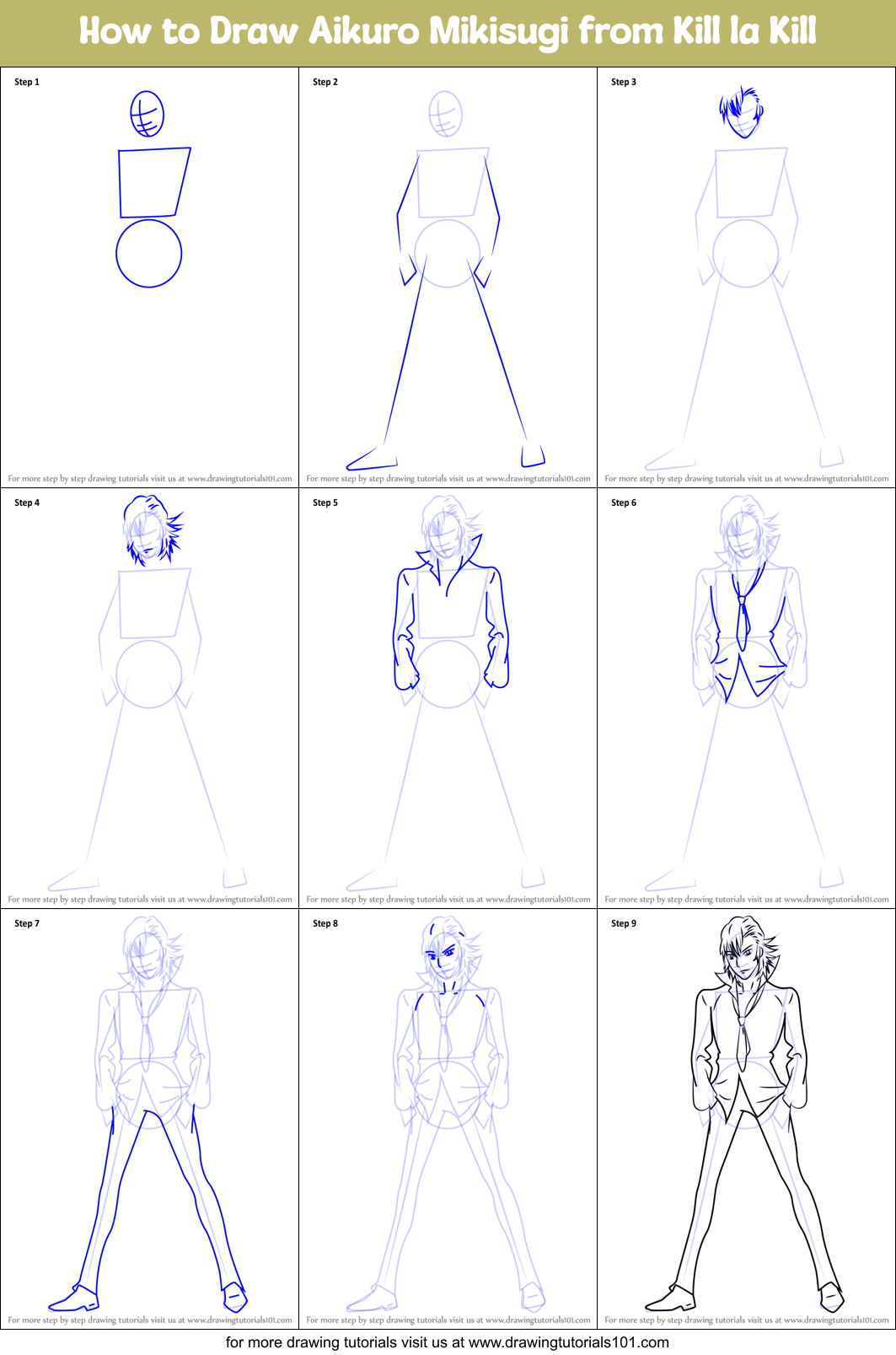 How to Draw Aikuro Mikisugi from Kill la Kill Printable Step by Step