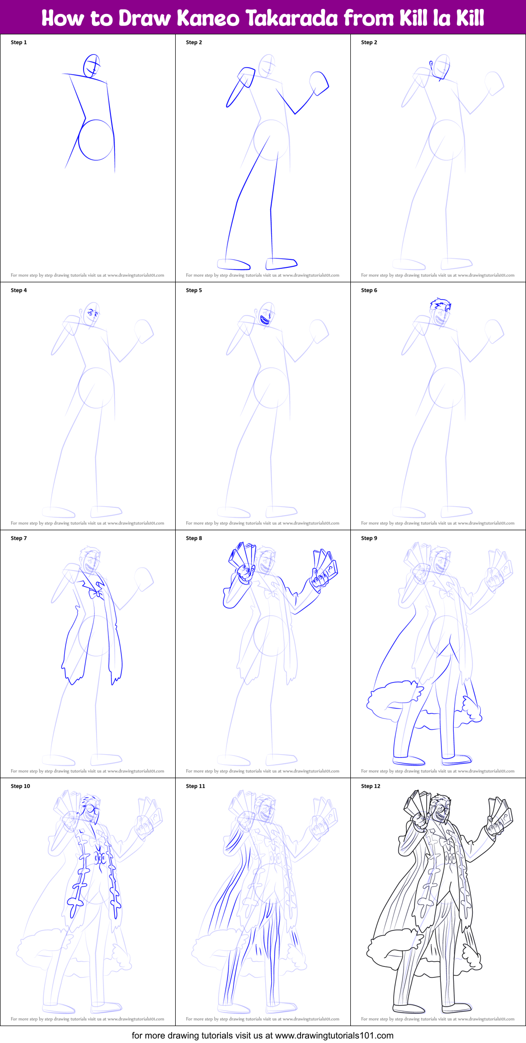 How to Draw Kaneo Takarada from Kill la Kill Printable Step by Step