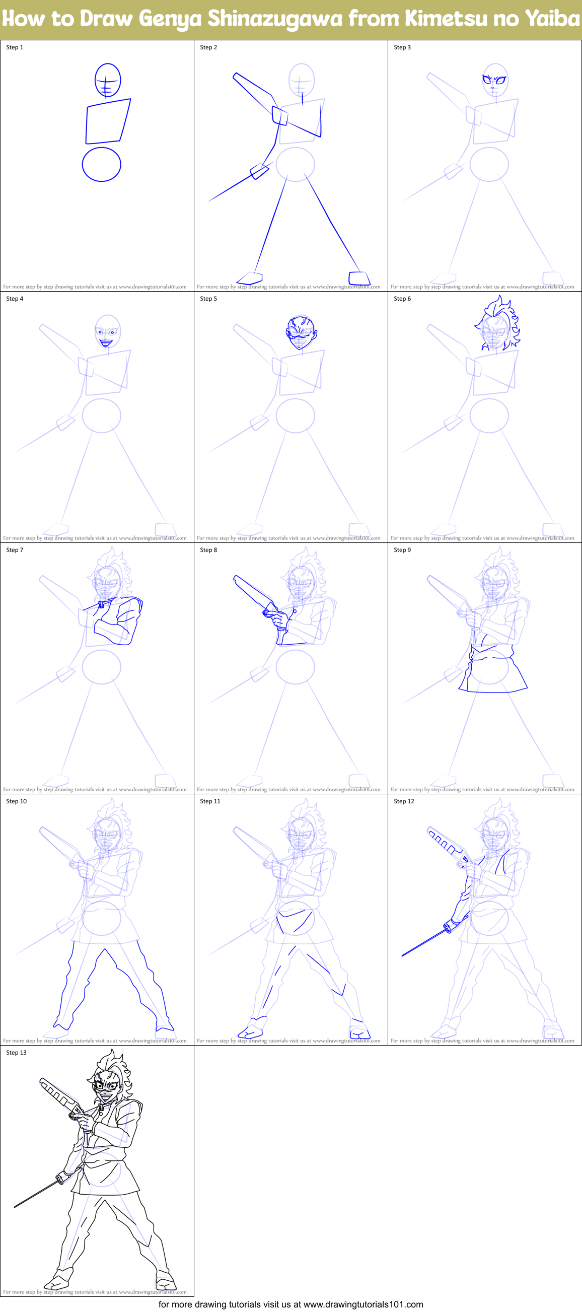 How to Draw Genya Shinazugawa from Kimetsu no Yaiba Printable Step by Step