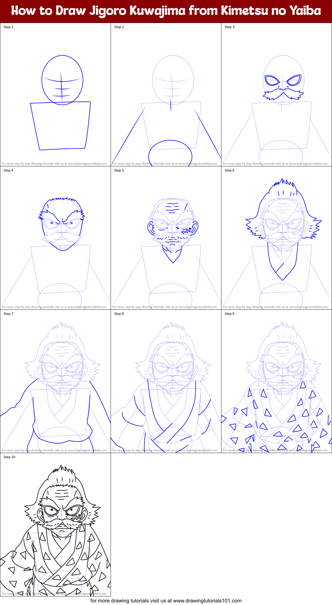 How to Draw Jigoro Kuwajima from Kimetsu no Yaiba Printable Step by Step