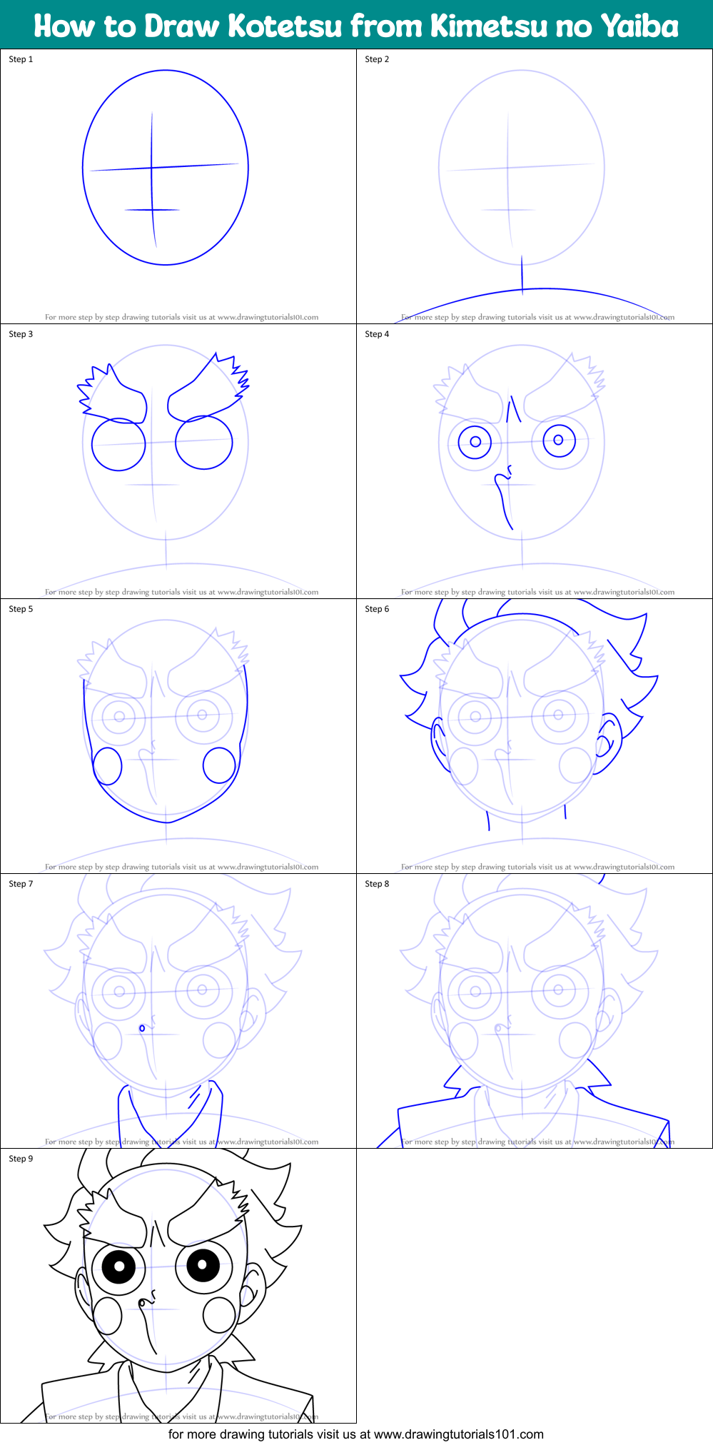 How to Draw Kotetsu from Kimetsu no Yaiba Printable Step by Step