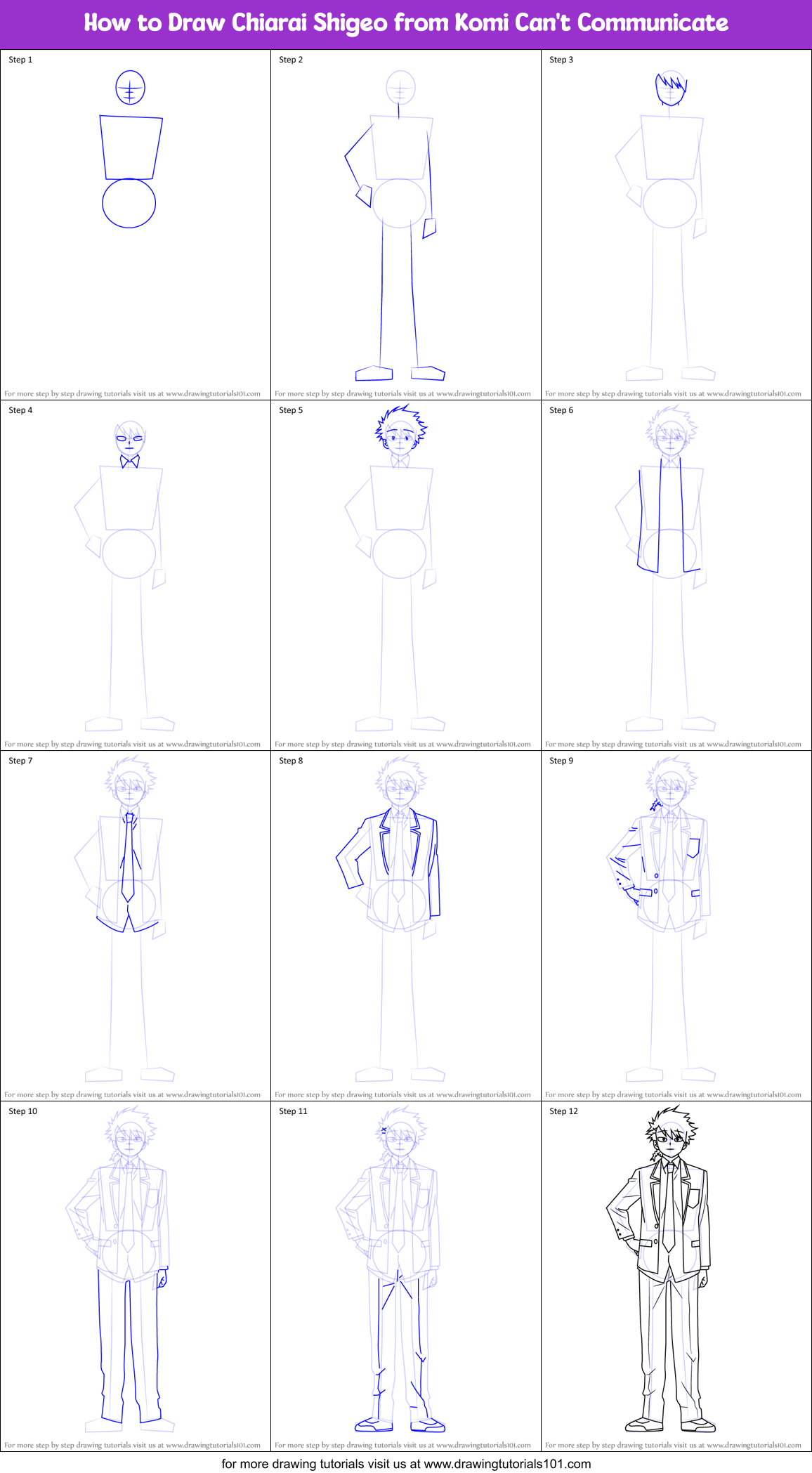 How to Draw Chiarai Shigeo from Komi Can't Communicate Printable Step by Step