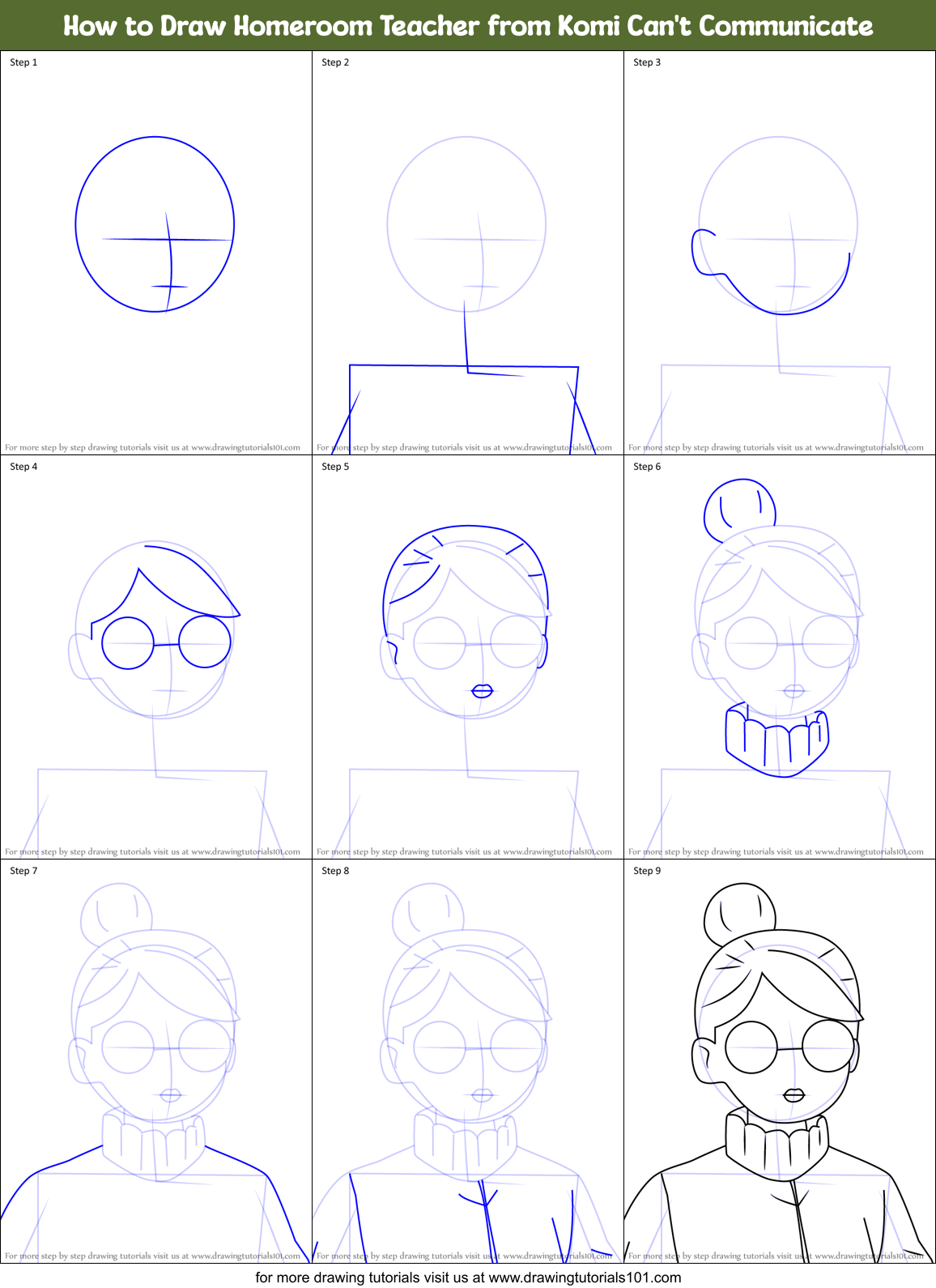 How to Draw Homeroom Teacher from Komi Can't Communicate Printable Step by Step