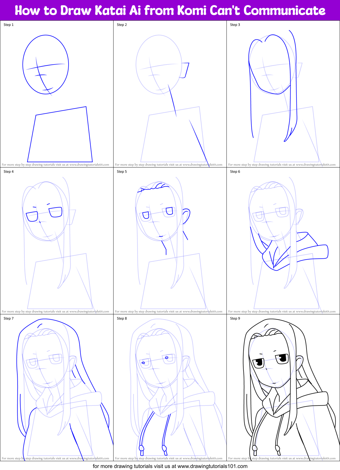 How to Draw Katai Ai from Komi Can't Communicate Printable Step by Step