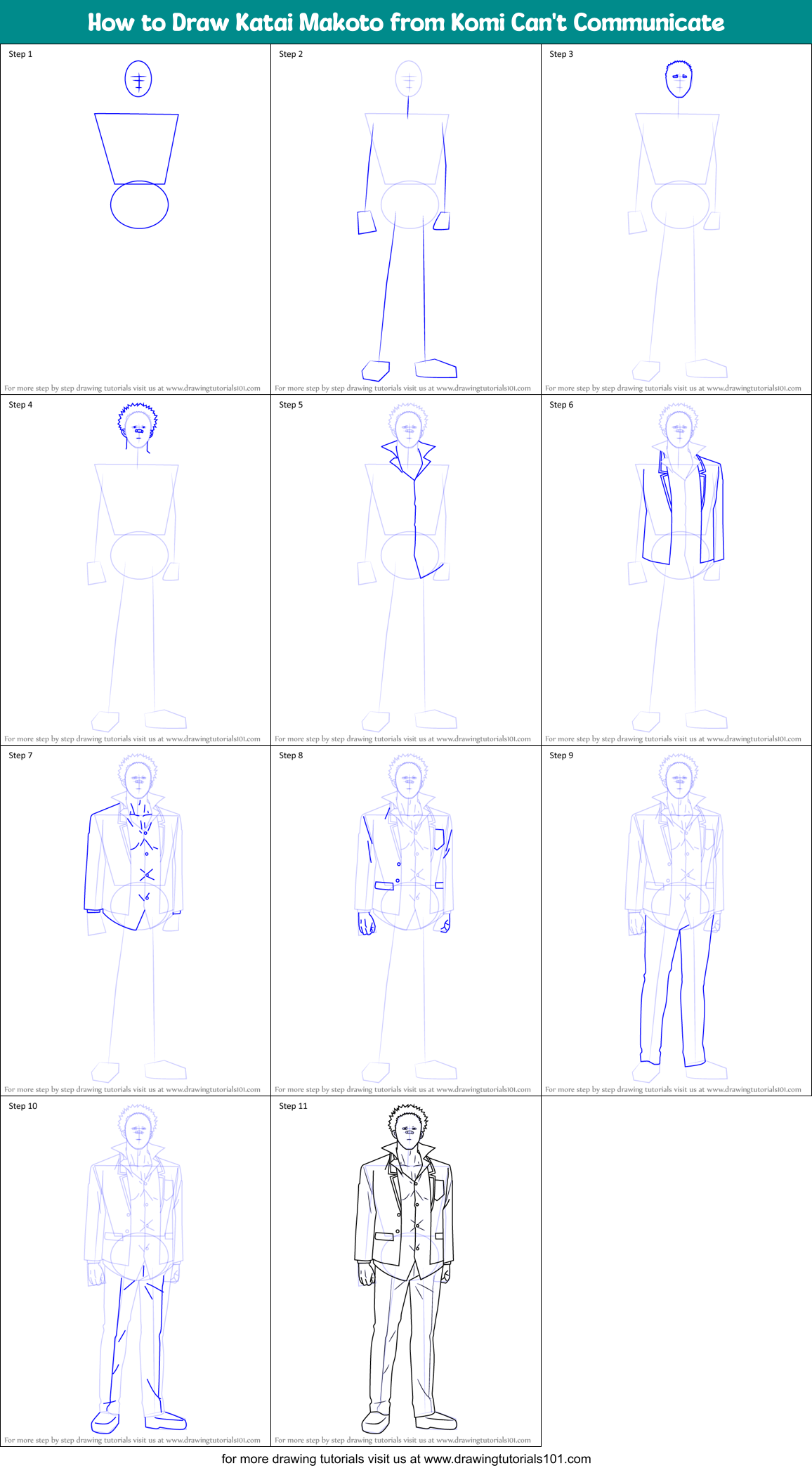 How to Draw Katai Makoto from Komi Can't Communicate Printable Step by Step