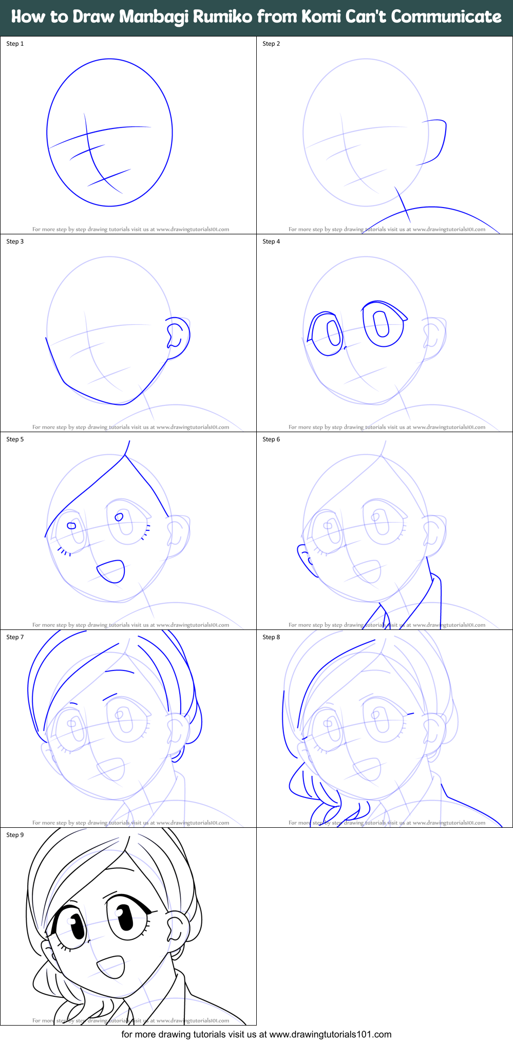How to Draw Manbagi Rumiko from Komi Can't Communicate Printable Step by Step
