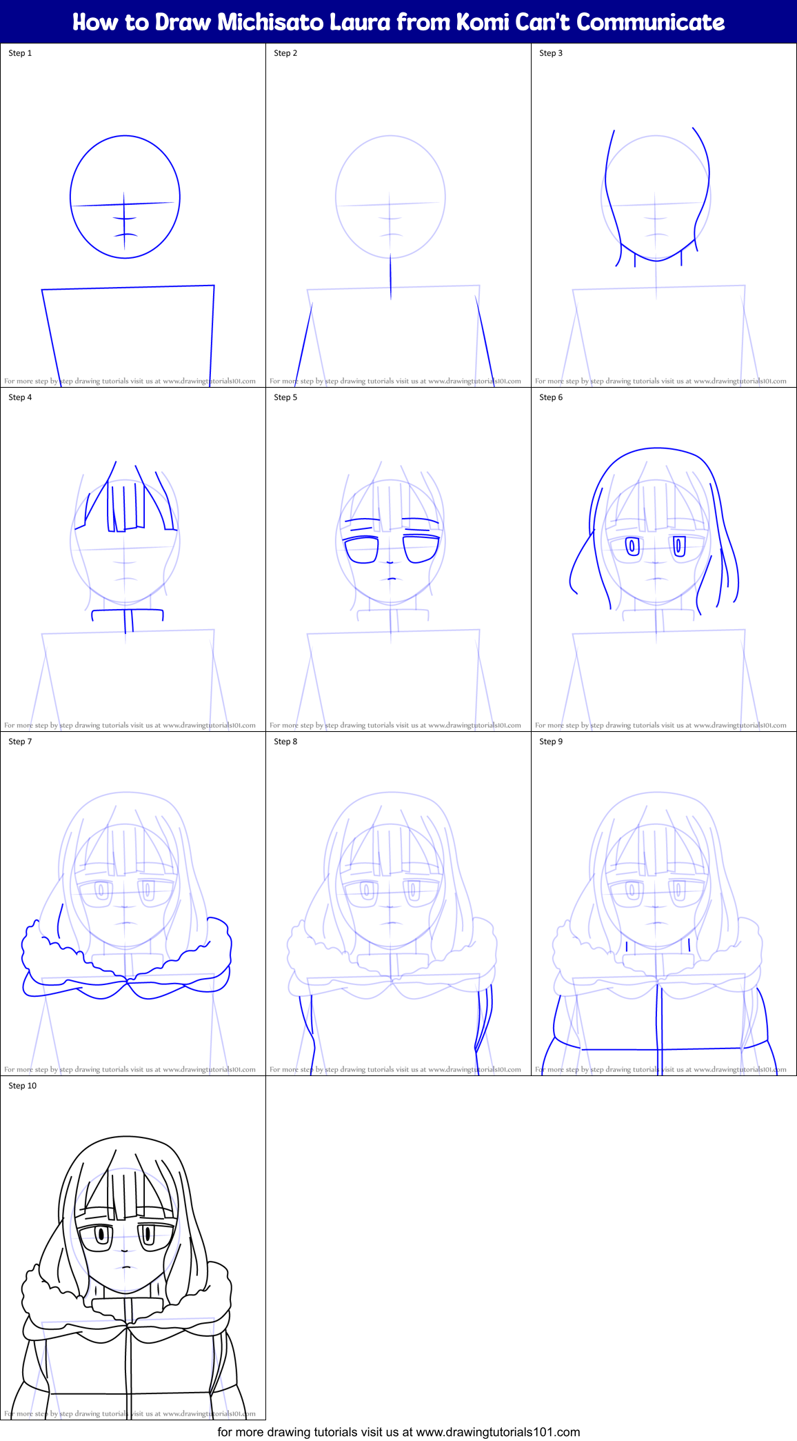 How to Draw Michisato Laura from Komi Can't Communicate Printable Step by Step